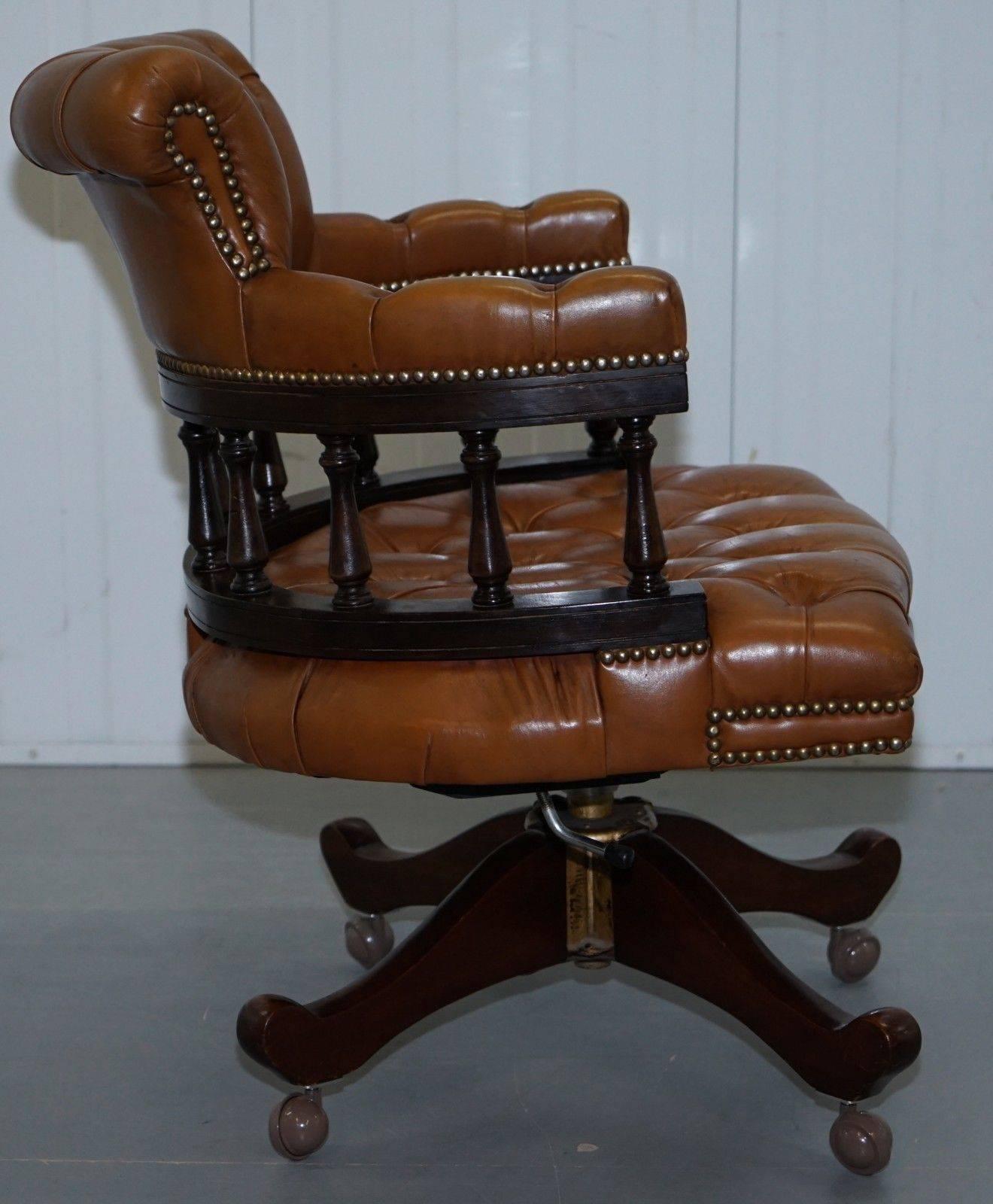 Hand-Carved Vintage Chesterfield Aged Brown Leather Captains Directors Office Swivel Chair
