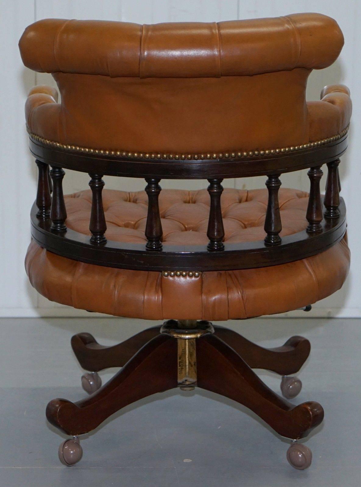 20th Century Vintage Chesterfield Aged Brown Leather Captains Directors Office Swivel Chair