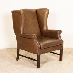Vintage Chesterfield Brown Leather Wingback Arm Chair with Nailhead Accents