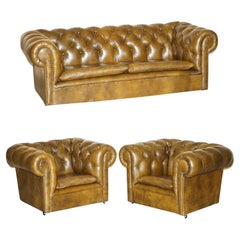 Ensemble canapé et paire de fauteuils vintage Chesterfield Club 3 pièces en cuir vert