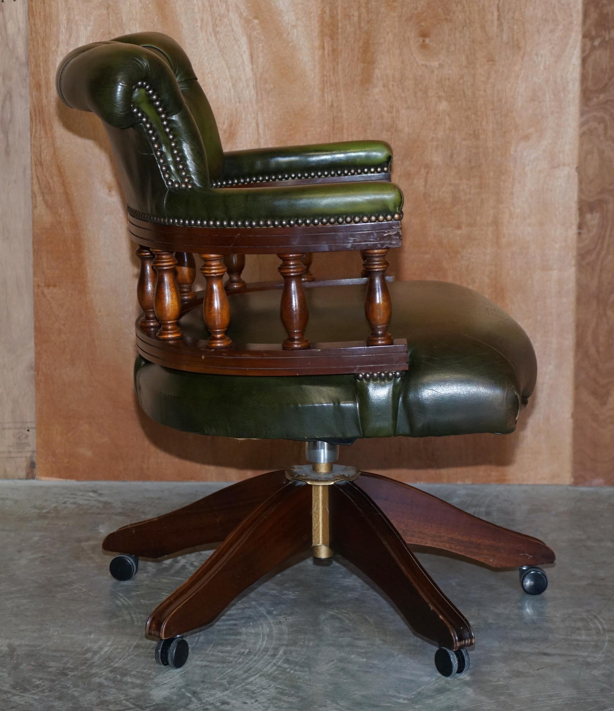 Vintage Chesterfield Fully Buttoned Green Leather Captains Directors Chair 3