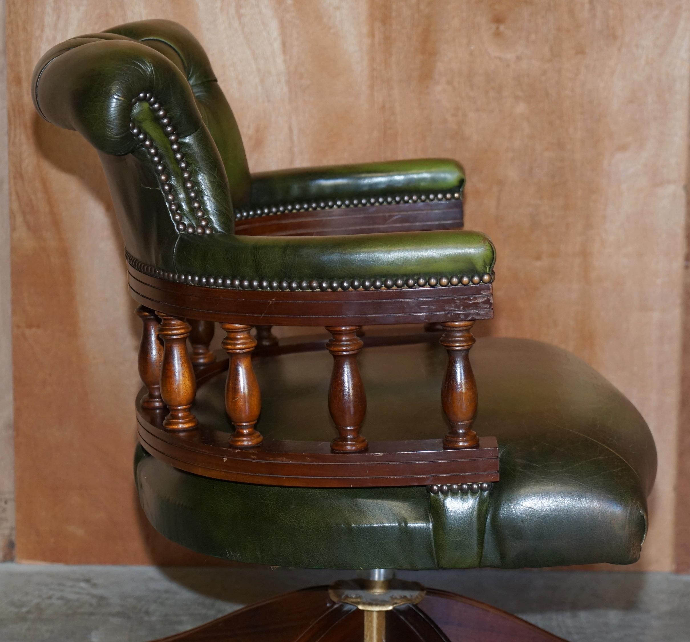Vintage Chesterfield Fully Buttoned Green Leather Captains Directors Chair 4