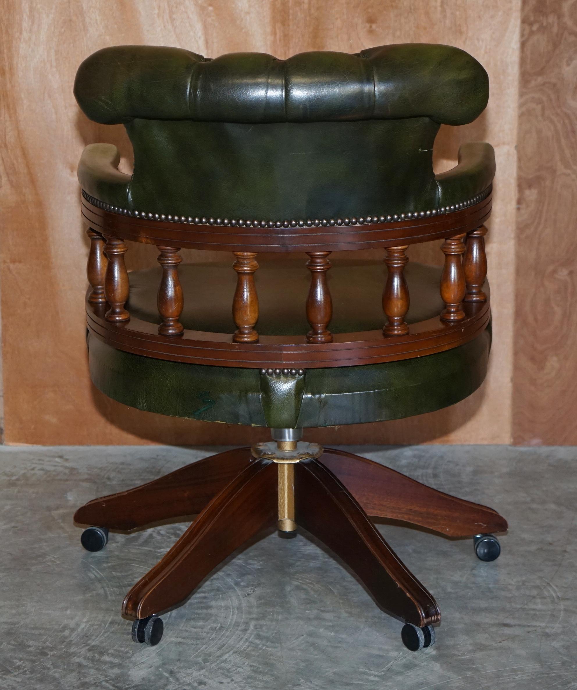 Vintage Chesterfield Fully Buttoned Green Leather Captains Directors Chair 5