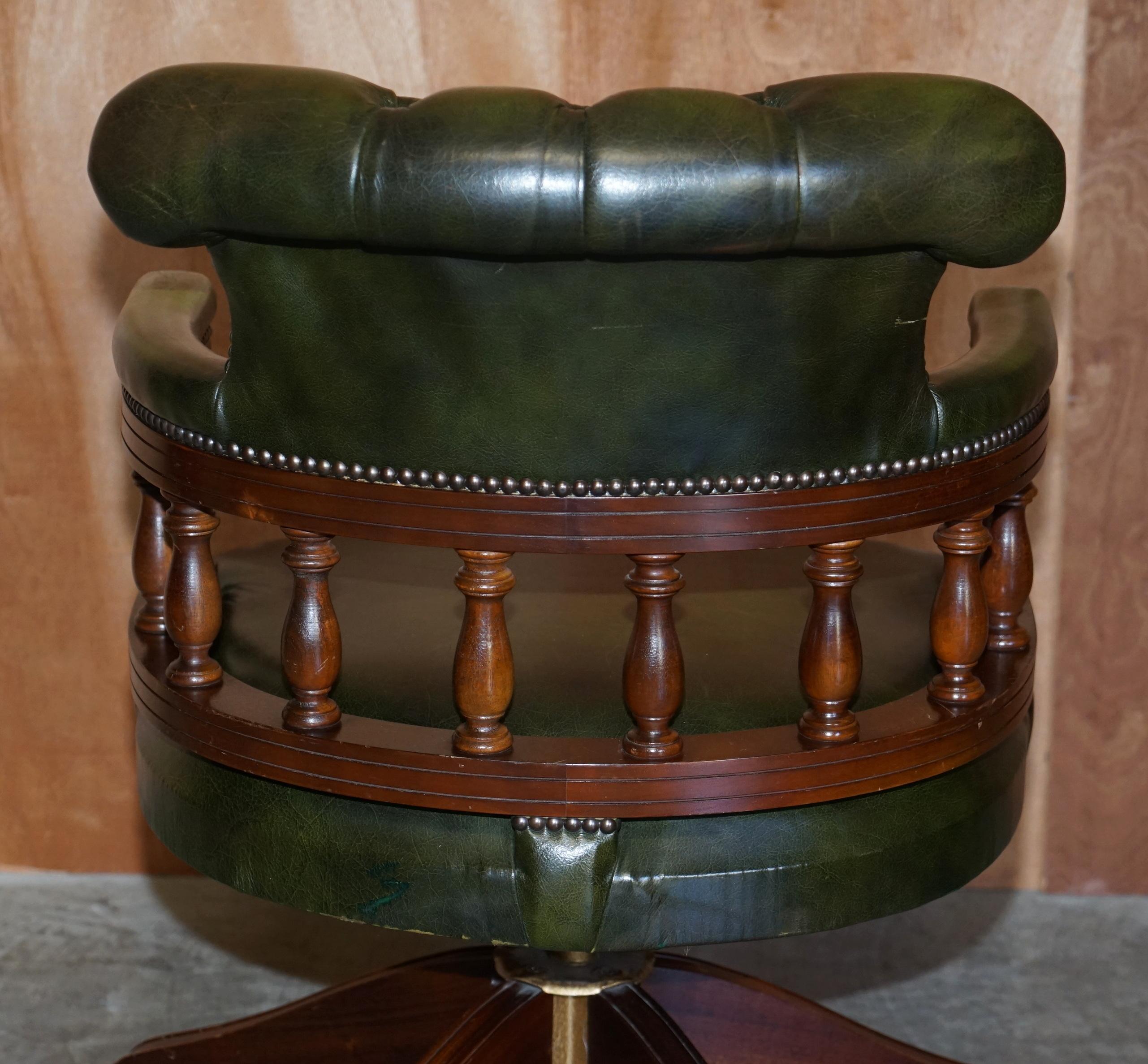Vintage Chesterfield Fully Buttoned Green Leather Captains Directors Chair 6