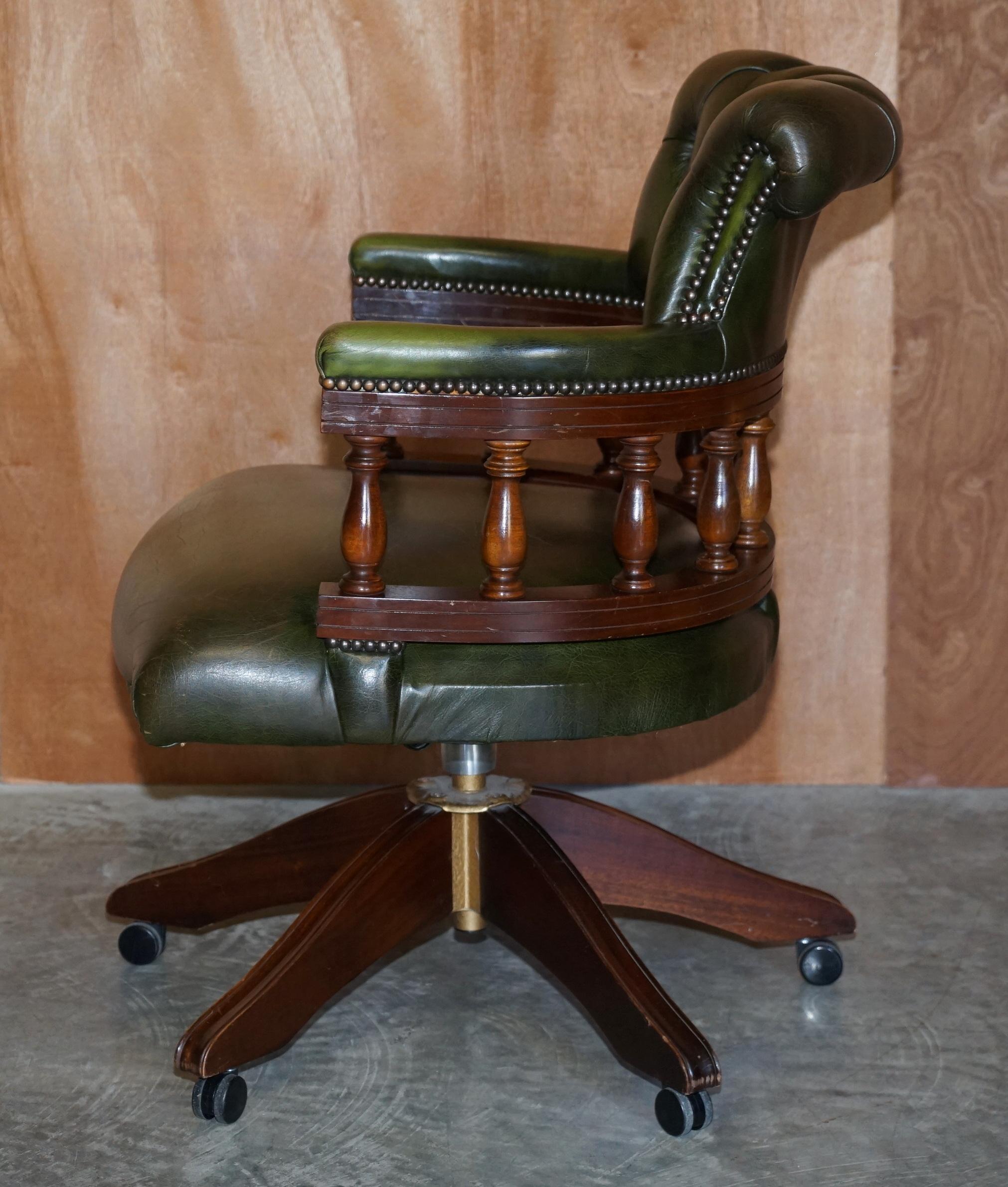 Vintage Chesterfield Fully Buttoned Green Leather Captains Directors Chair 8