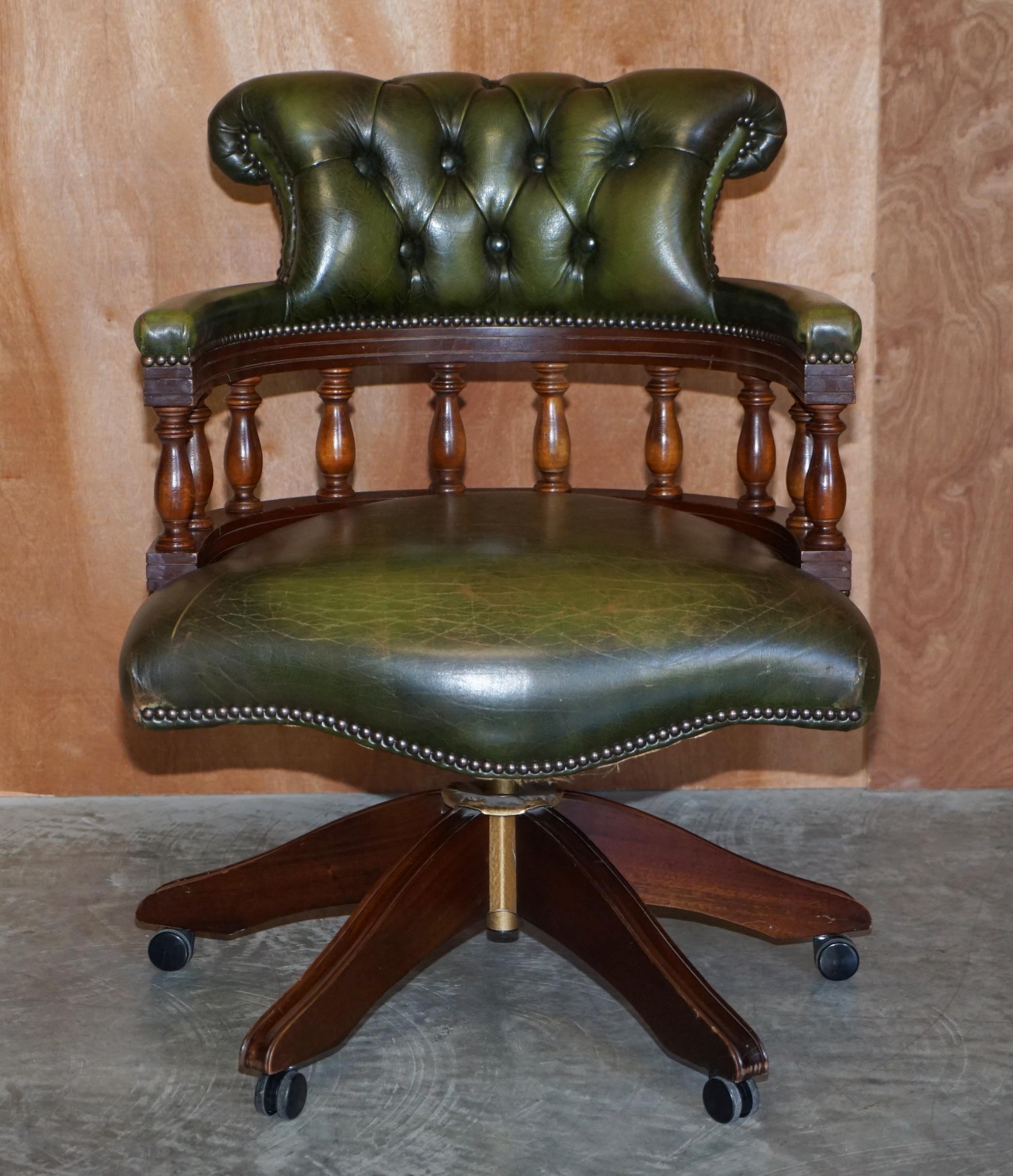We are delighted to offer for sale this lovely handmade Chesterfield buttoned green leather Captains or Director's armchair.

Please note the delivery fee listed is just a guide, it covers within the M25 only for the UK and local Europe only for