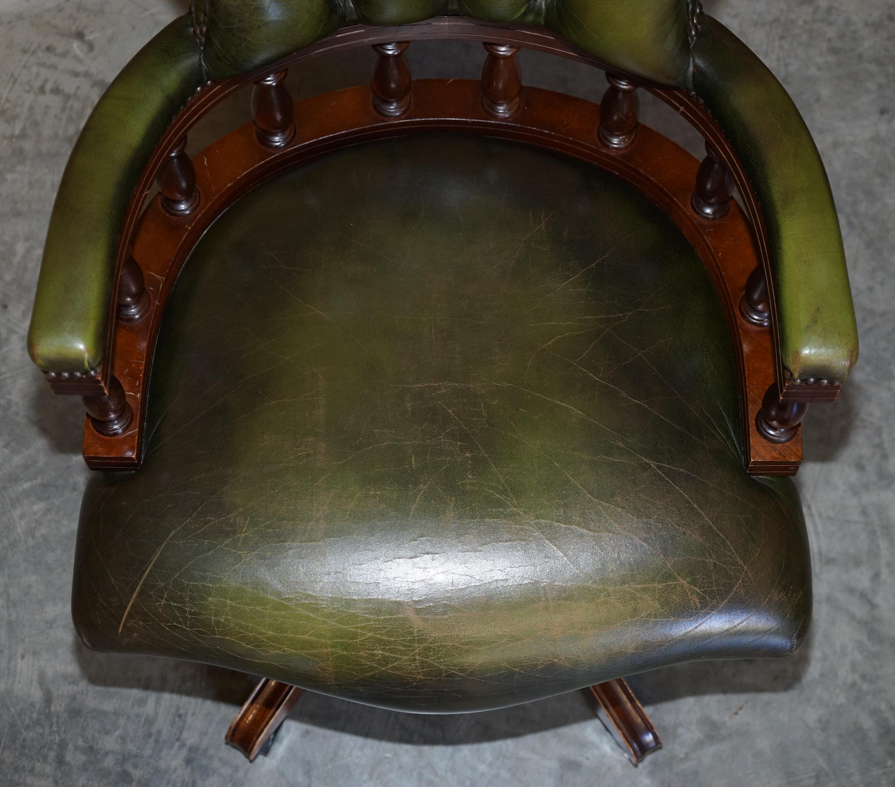 English Vintage Chesterfield Fully Buttoned Green Leather Captains Directors Chair