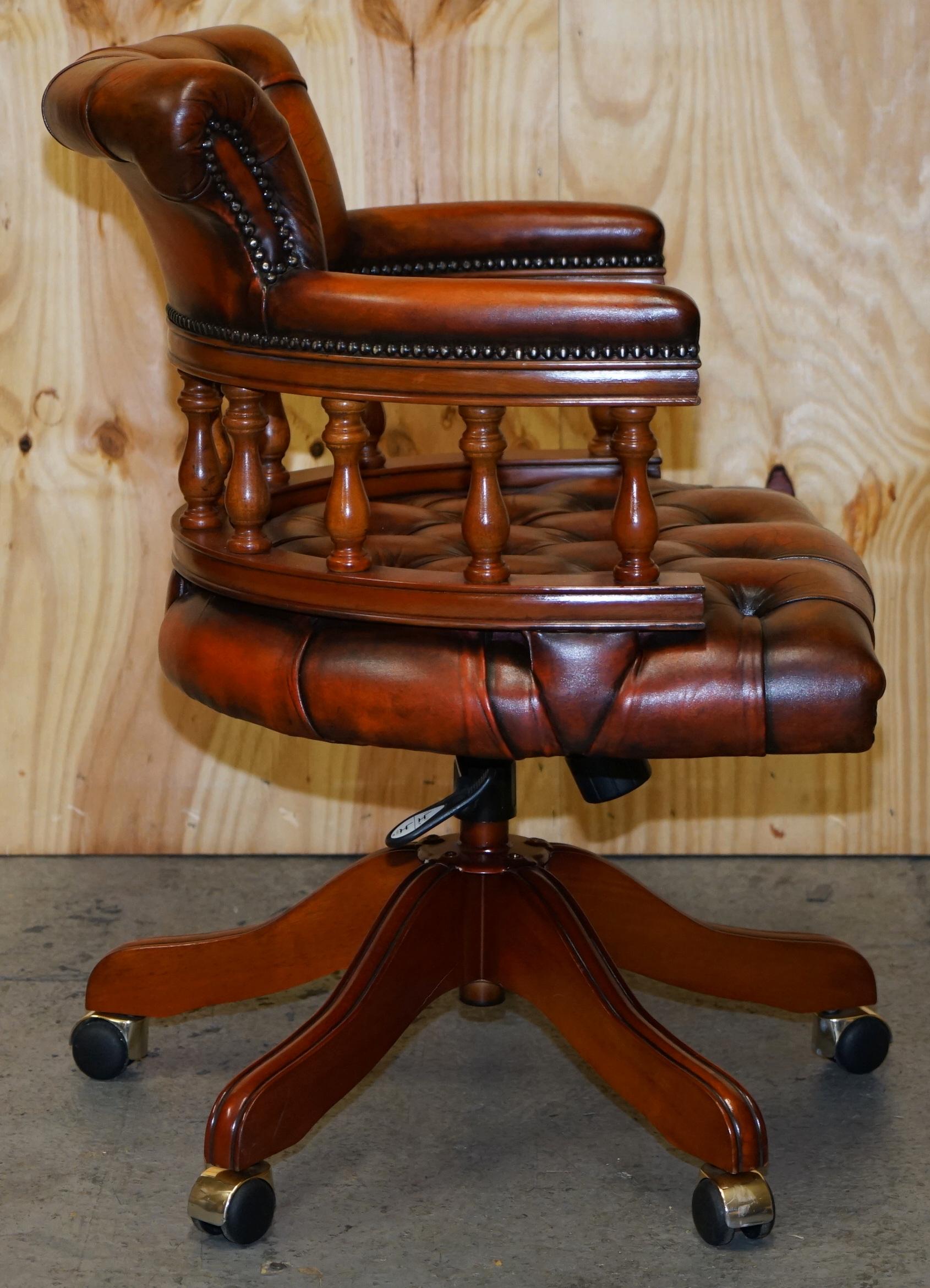 Vintage Chesterfield Fully Restored Brown Leather Captains Swivel Office Chair 3