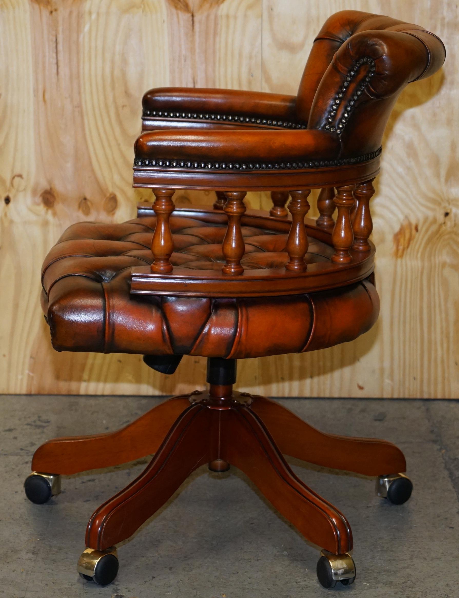 Vintage Chesterfield Fully Restored Brown Leather Captains Swivel Office Chair 8