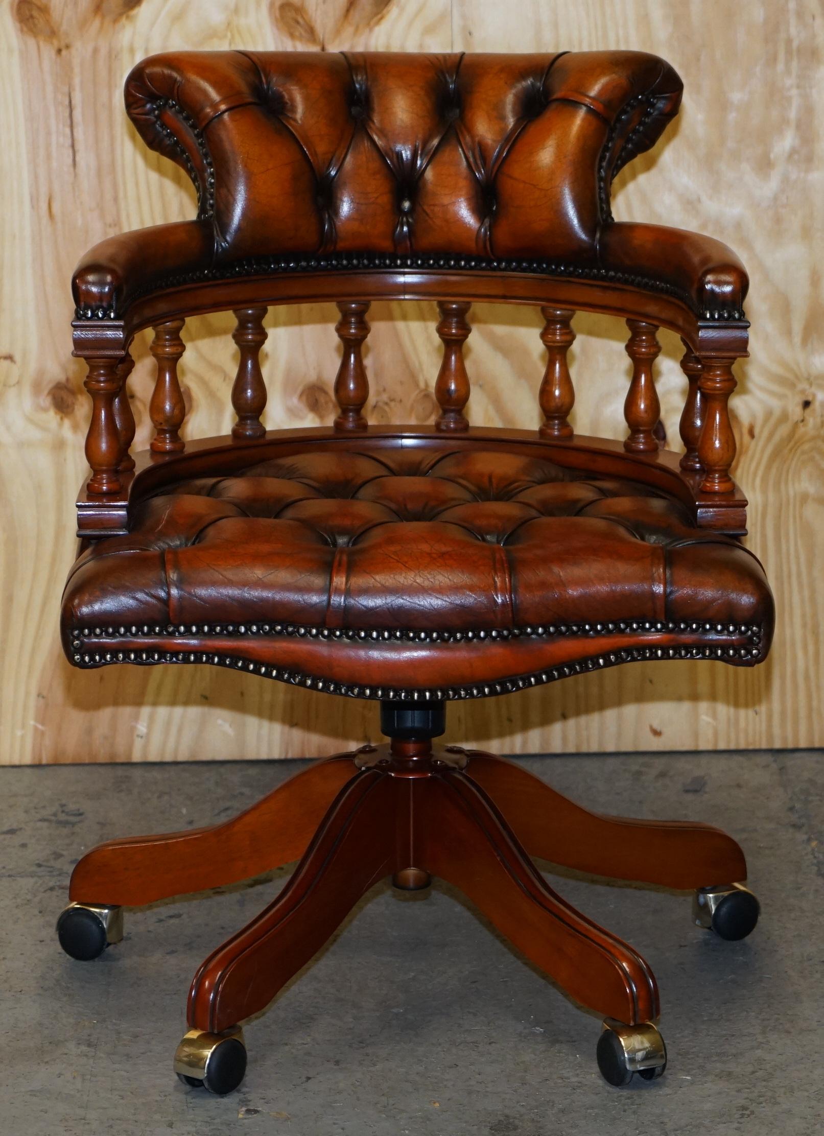 We are delighted to offer for sale this absolutely stunning fully restored Chesterfield hand dyed aged Whisky brown leather captains chair

A very good looking well made and comfortable office chair, it is height adjustable, there is a tilt