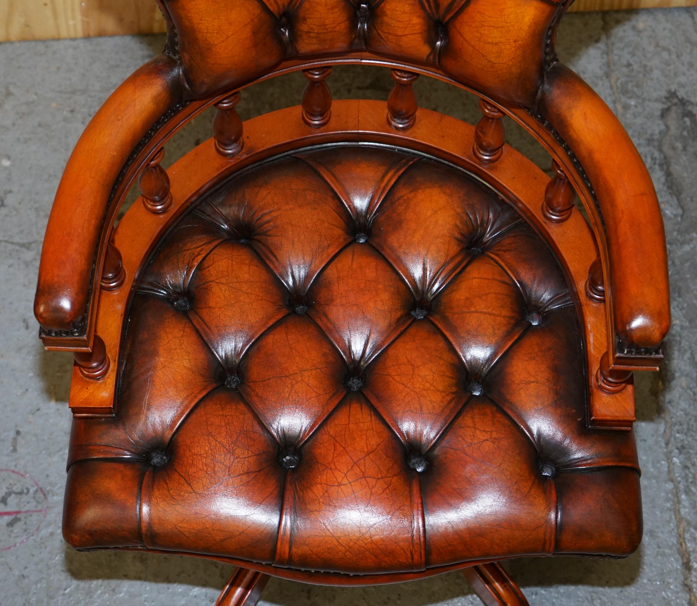 Victorian Vintage Chesterfield Fully Restored Brown Leather Captains Swivel Office Chair