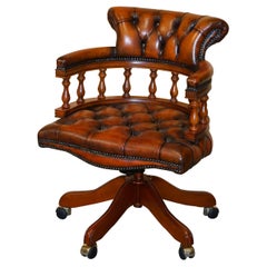 Vintage Chesterfield Fully Restored Brown Leather Captains Swivel Office Chair