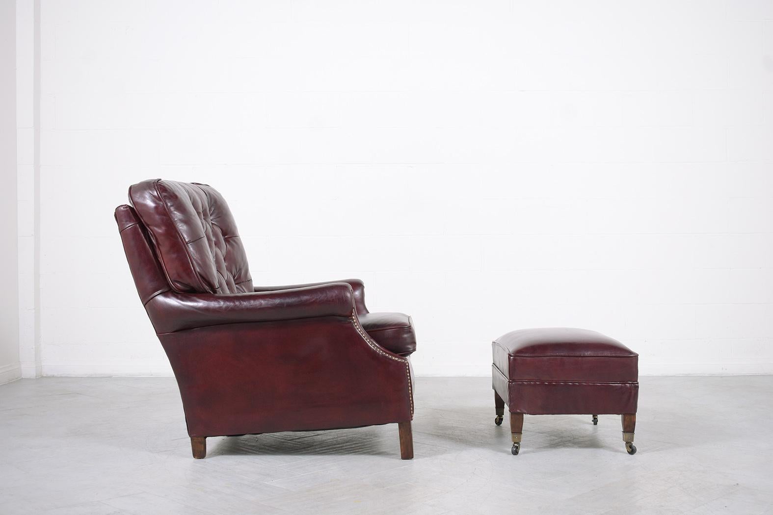 Stained Antique English Chesterfield Lounge Chair: Cordovan Red Leather Tufted Design For Sale