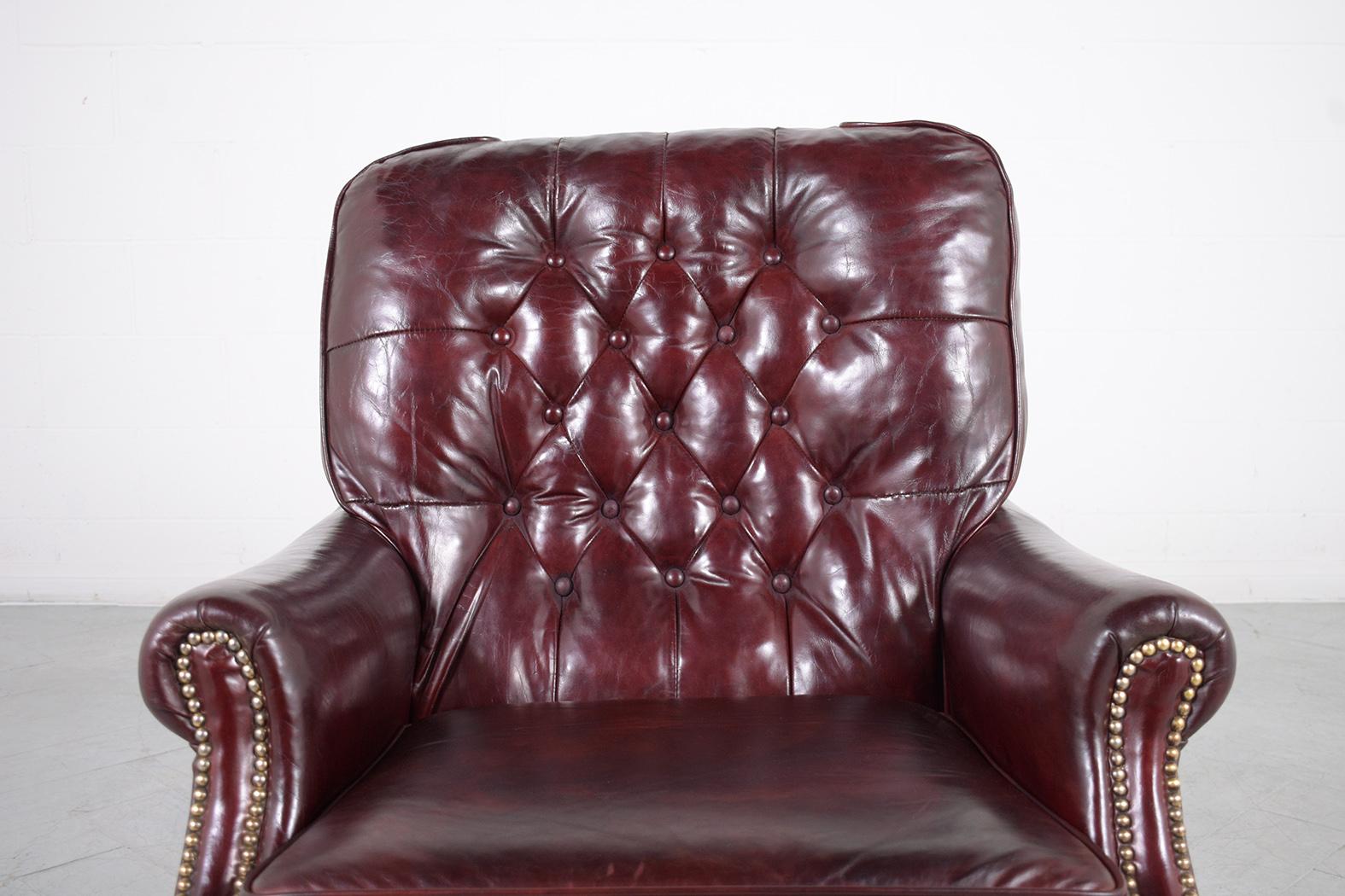 Lacquer Antique English Chesterfield Lounge Chair: Cordovan Red Leather Tufted Design For Sale