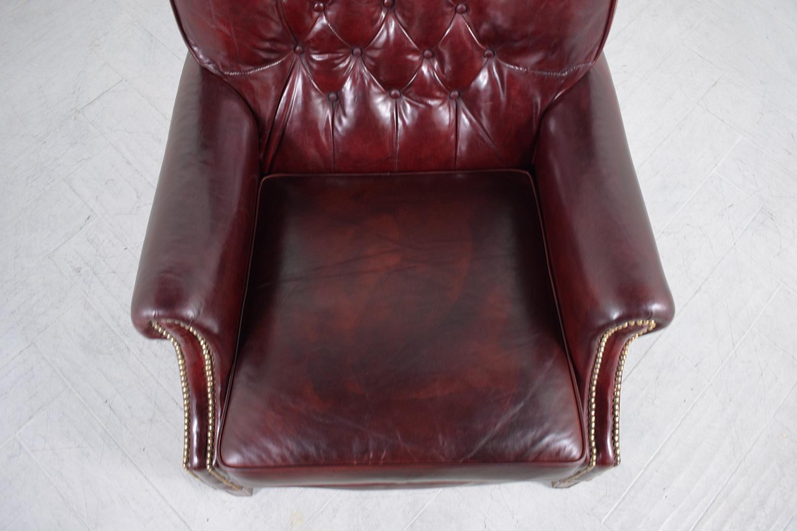 Antique English Chesterfield Lounge Chair: Cordovan Red Leather Tufted Design In Good Condition For Sale In Los Angeles, CA