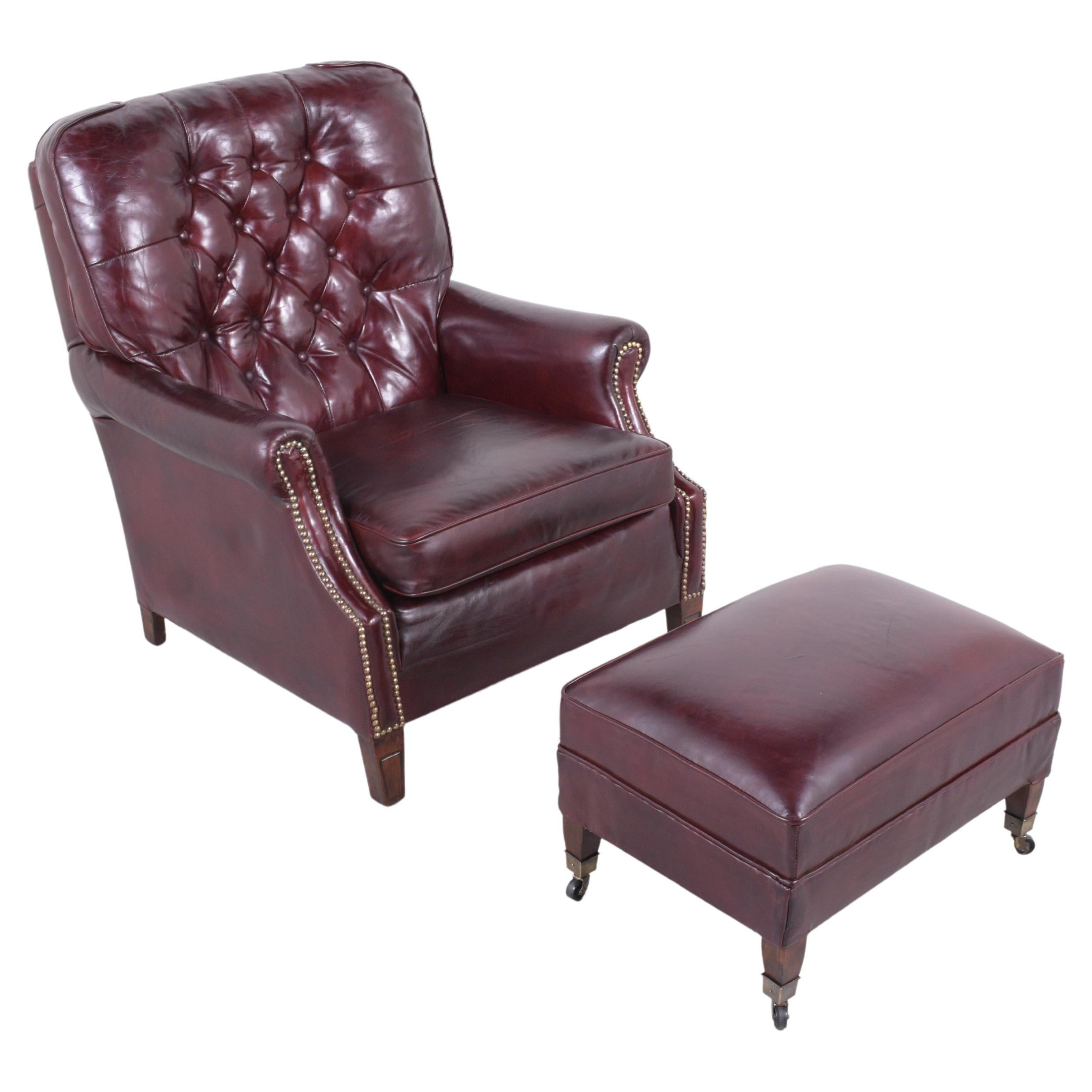Antique English Chesterfield Lounge Chair: Cordovan Red Leather Tufted Design For Sale