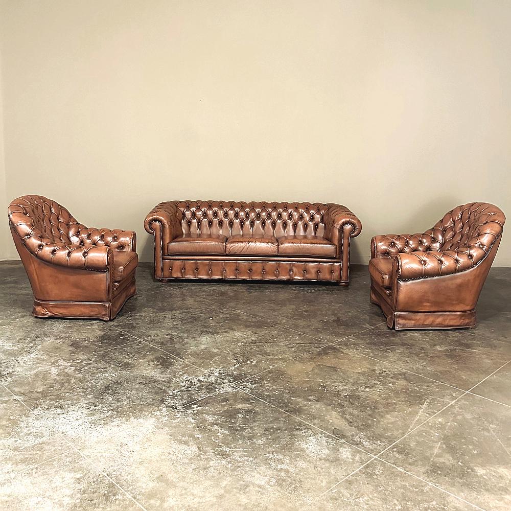 Vintage Chesterfield Leather Lounge Sofa ~ Club Sofa is perfect for relaxation or entertaining, with low, rounded and rolled seatback and armrests to keep a low visual profile while providing plush comfort. The tufted seatback and armrests are of a
