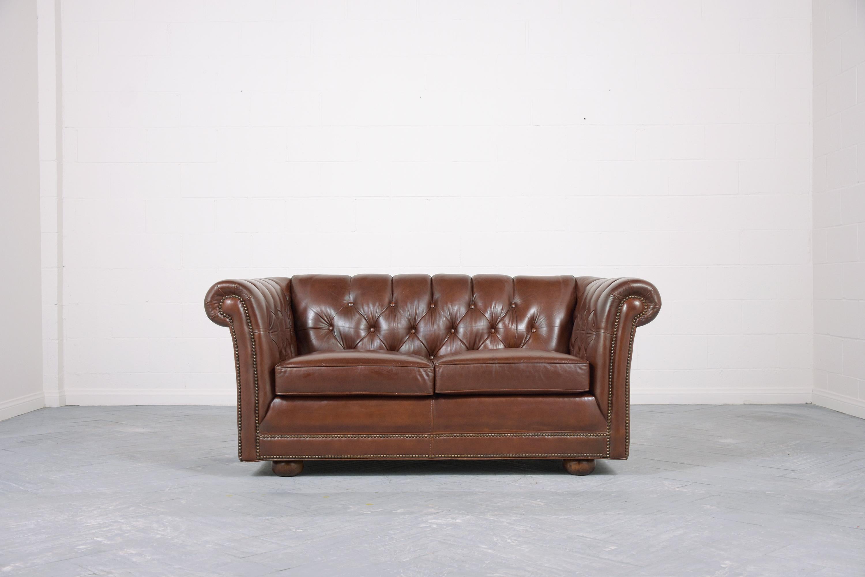 Carved Vintage Brown Leather Chesterfield Sofa