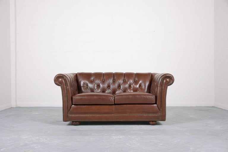 Carved Vintage Brown Leather Chesterfield Sofa For Sale