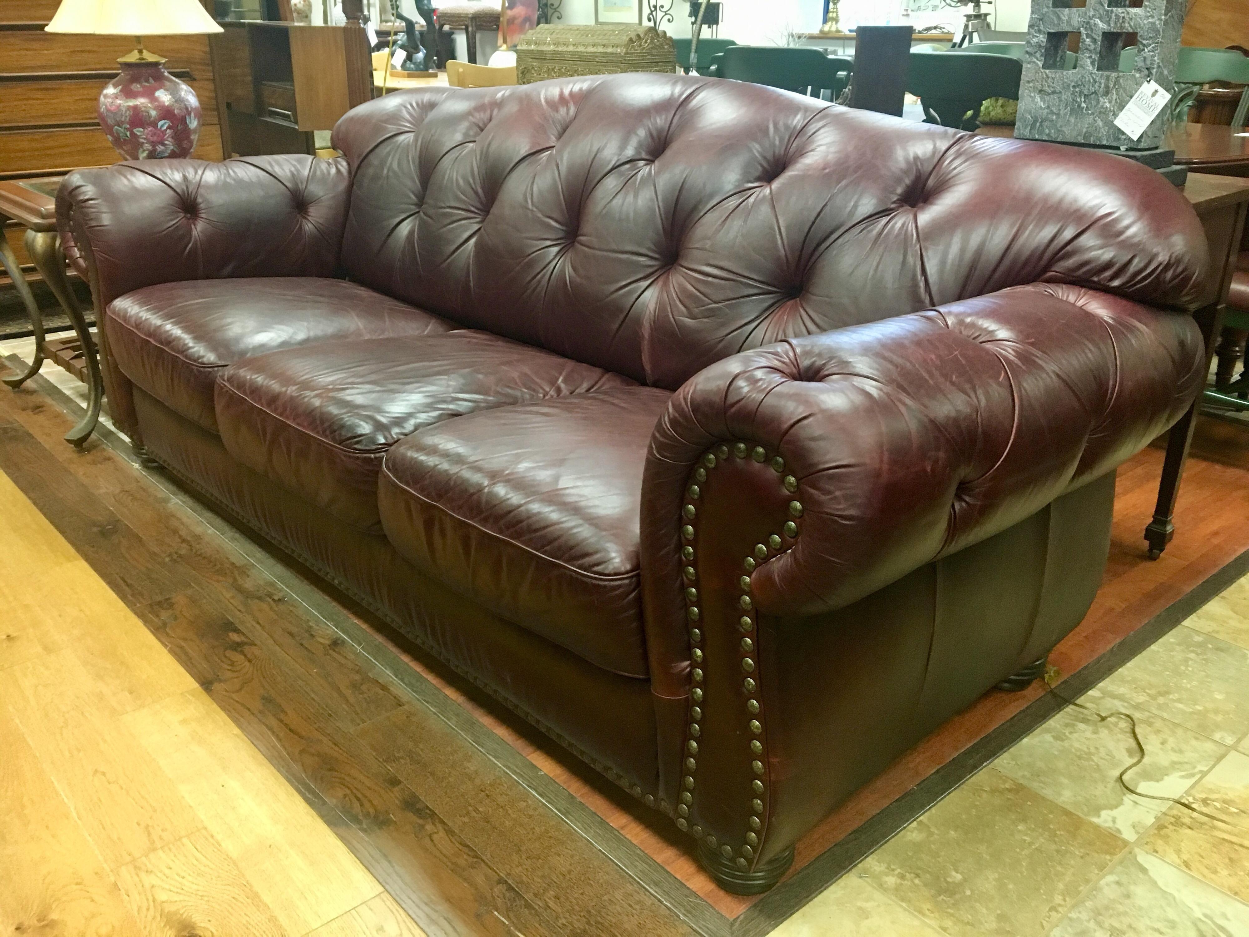 Ultra luxurious chesterfield oxblood large sofa made in Italy. Made in Italy hallmarks on bottom.
Rare and coveted oxblood burgundy tufted leather with railheads. The leather is like butter, so smooth.