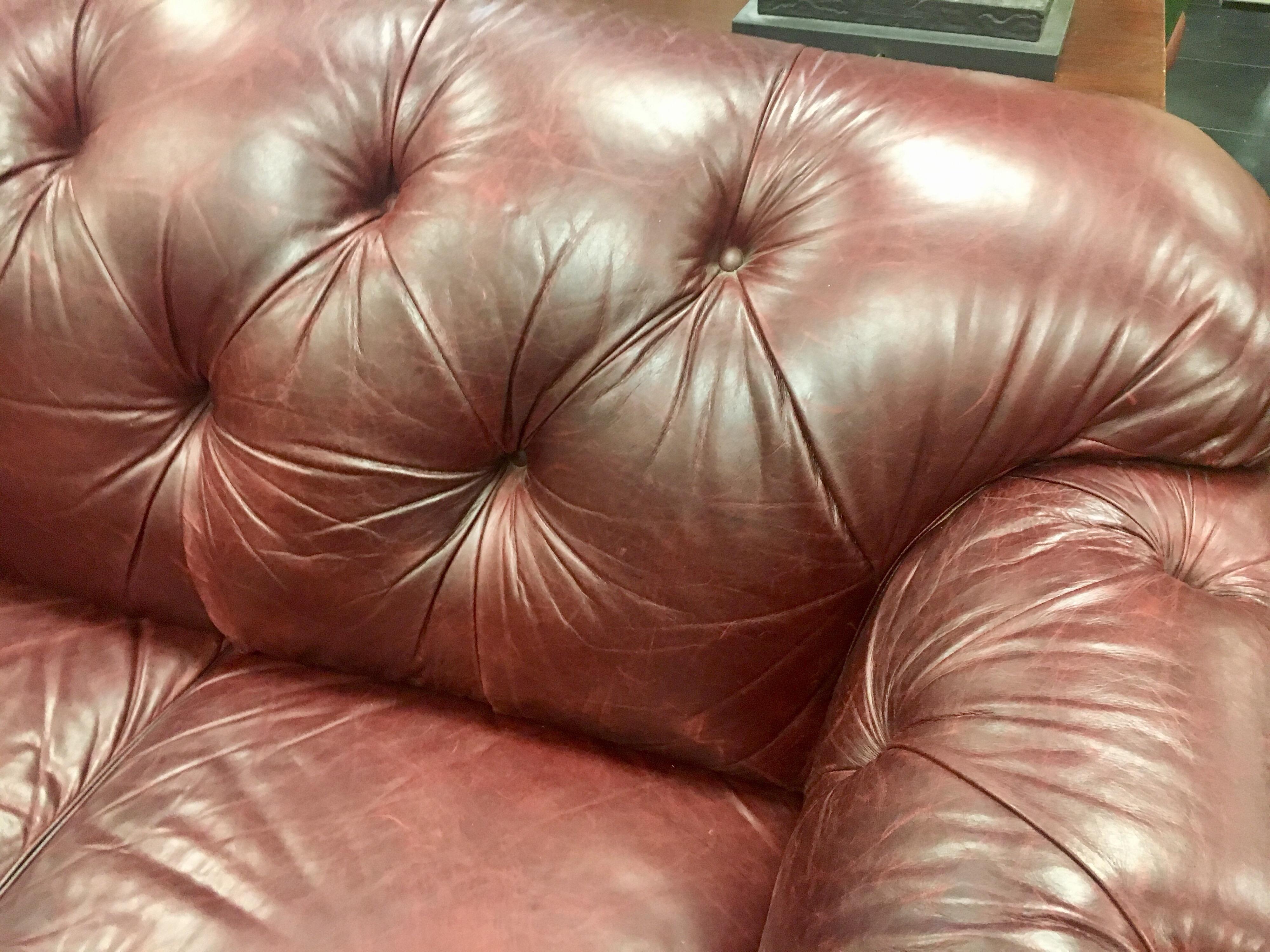 Vintage Chesterfield Oxblood Leather Nailhead Sofa Made in Italy In Good Condition In West Hartford, CT