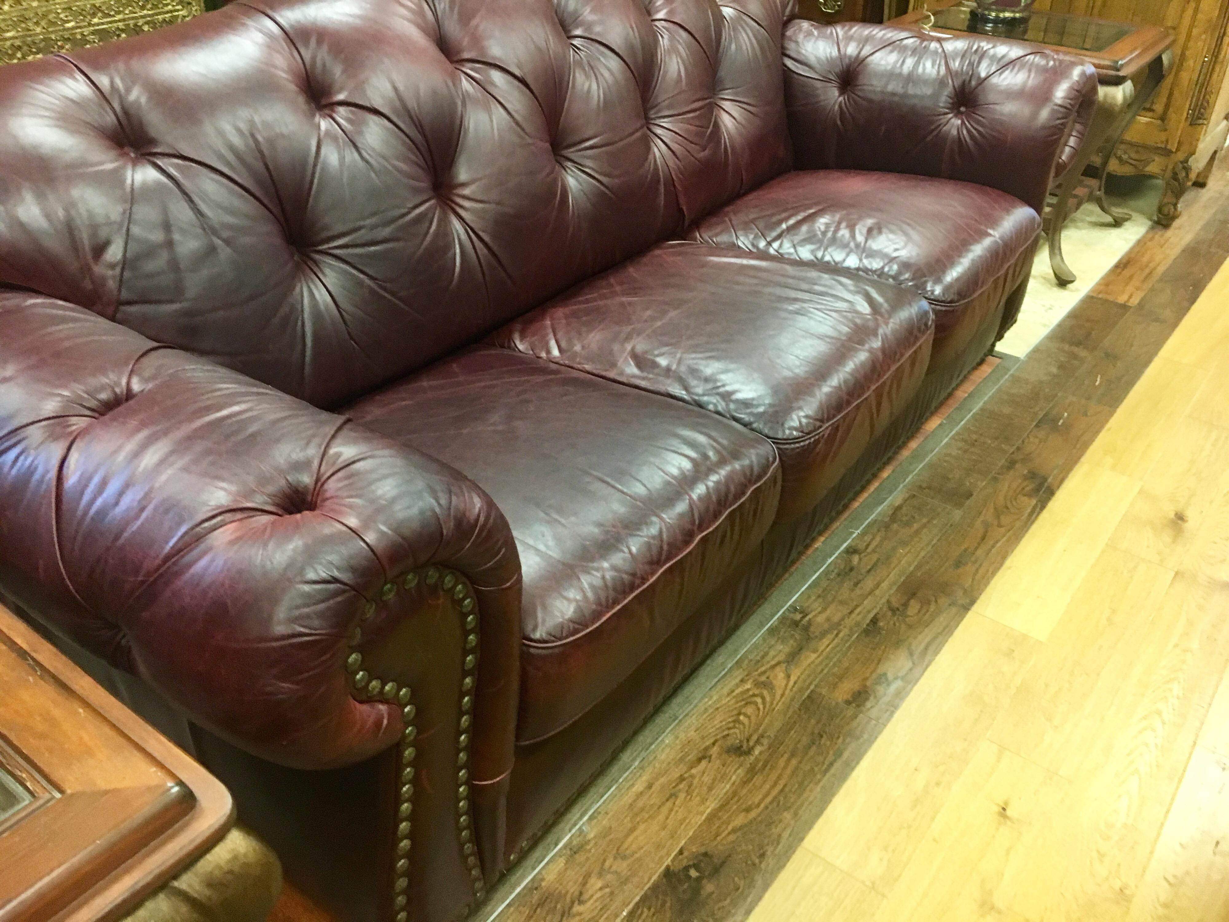 Vintage Chesterfield Oxblood Leather Nailhead Sofa Made in Italy 1