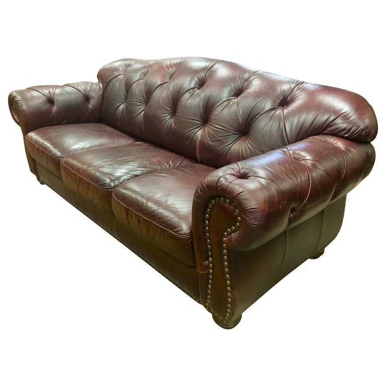 Vintage Chesterfield Oxblood Leather Nailhead Sofa Made in Italy at