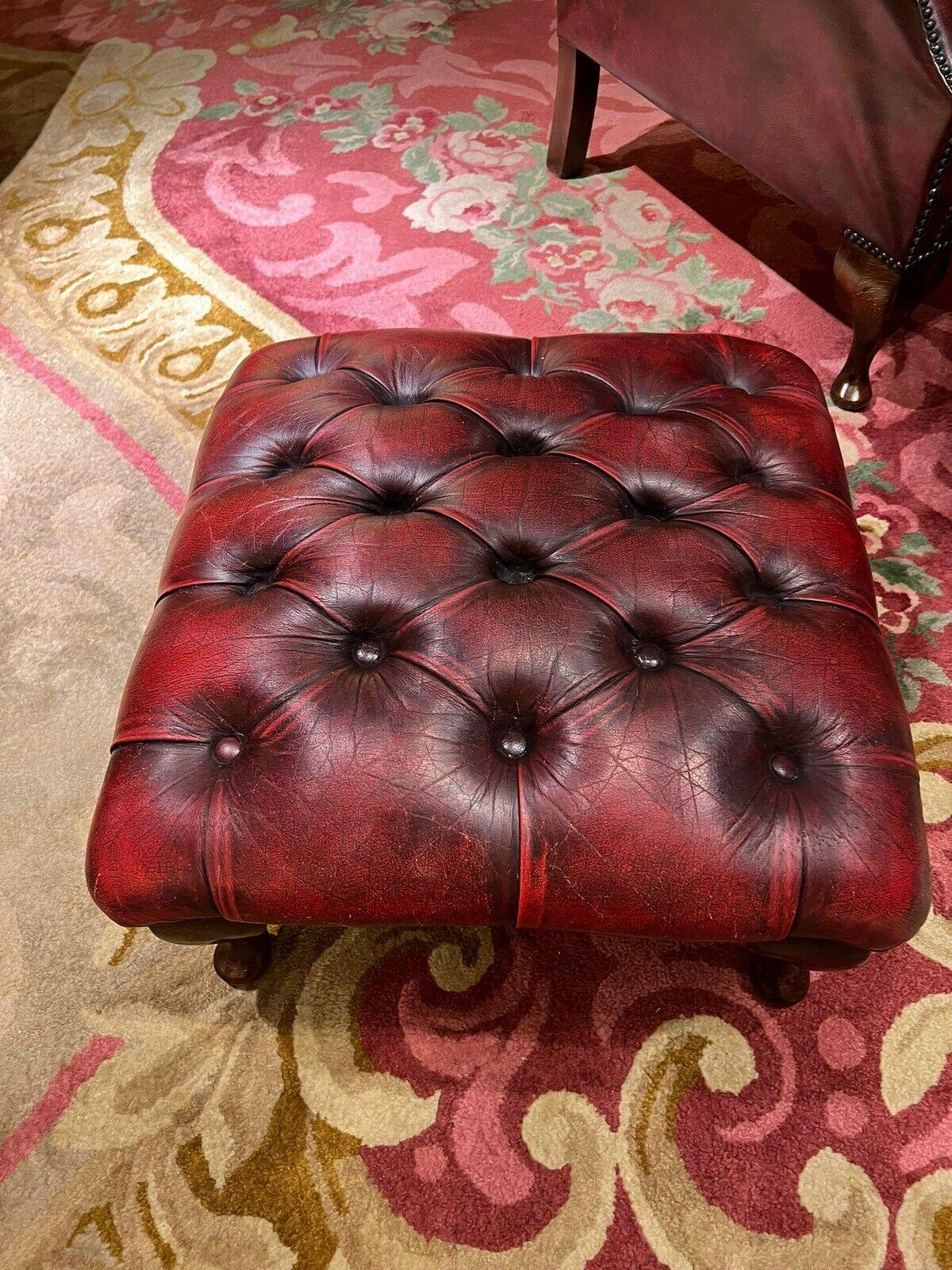 Vintage original Chesterfield Oxblood Leather Wingback  Armchair and Footstool For Sale 4