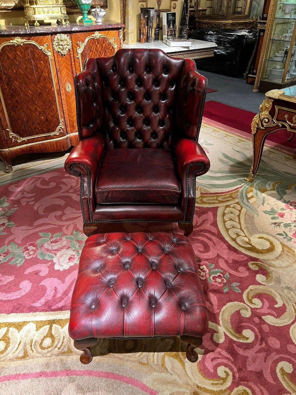 We are delighted to offer for sale this lovely vintage Chesterfield wingback armchair and footstool in Oxblood leather A lovely pair, full of vintage charm and character, we have lightly restored them to include a deep cleaned hand condition wax and