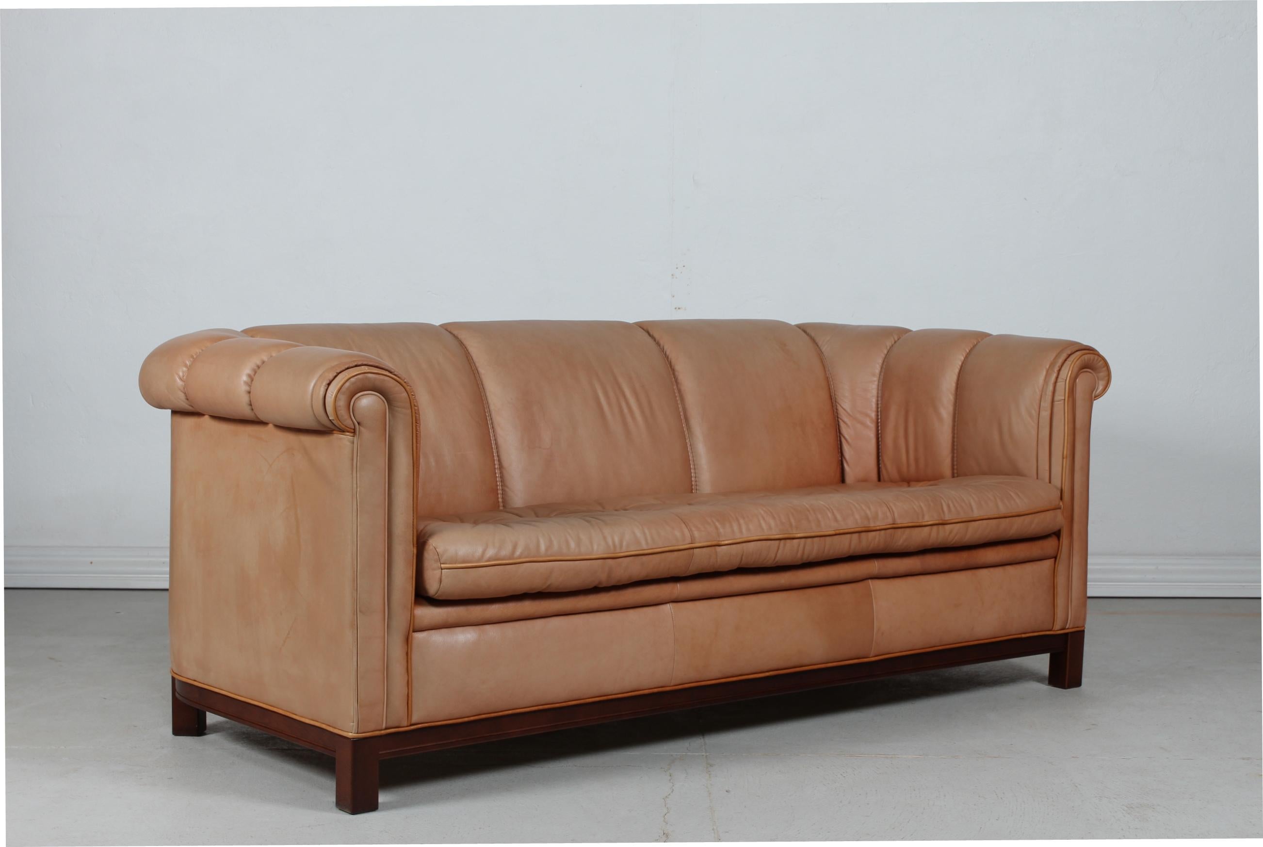 Danish Vintage Chesterfield Sofa and Couch Cognac Leather and Mahogany Frame, 1970s For Sale