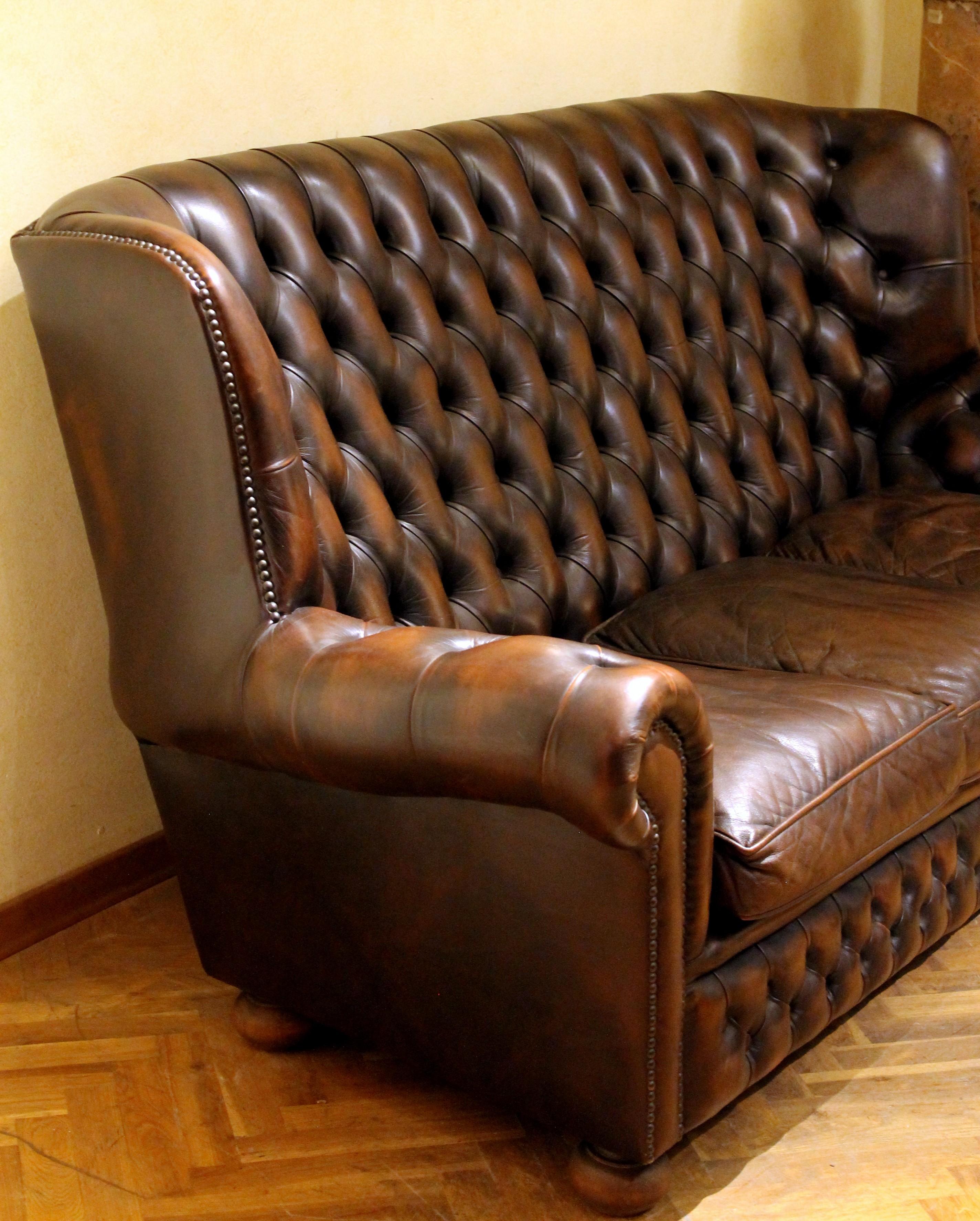 Vintage Chesterfield Sofa Brown Leather High Back Three Seats and Button Tufted 3