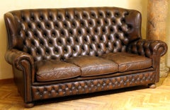 Vintage Chesterfield Sofa Brown Leather High Back Three Seats and Button Tufted