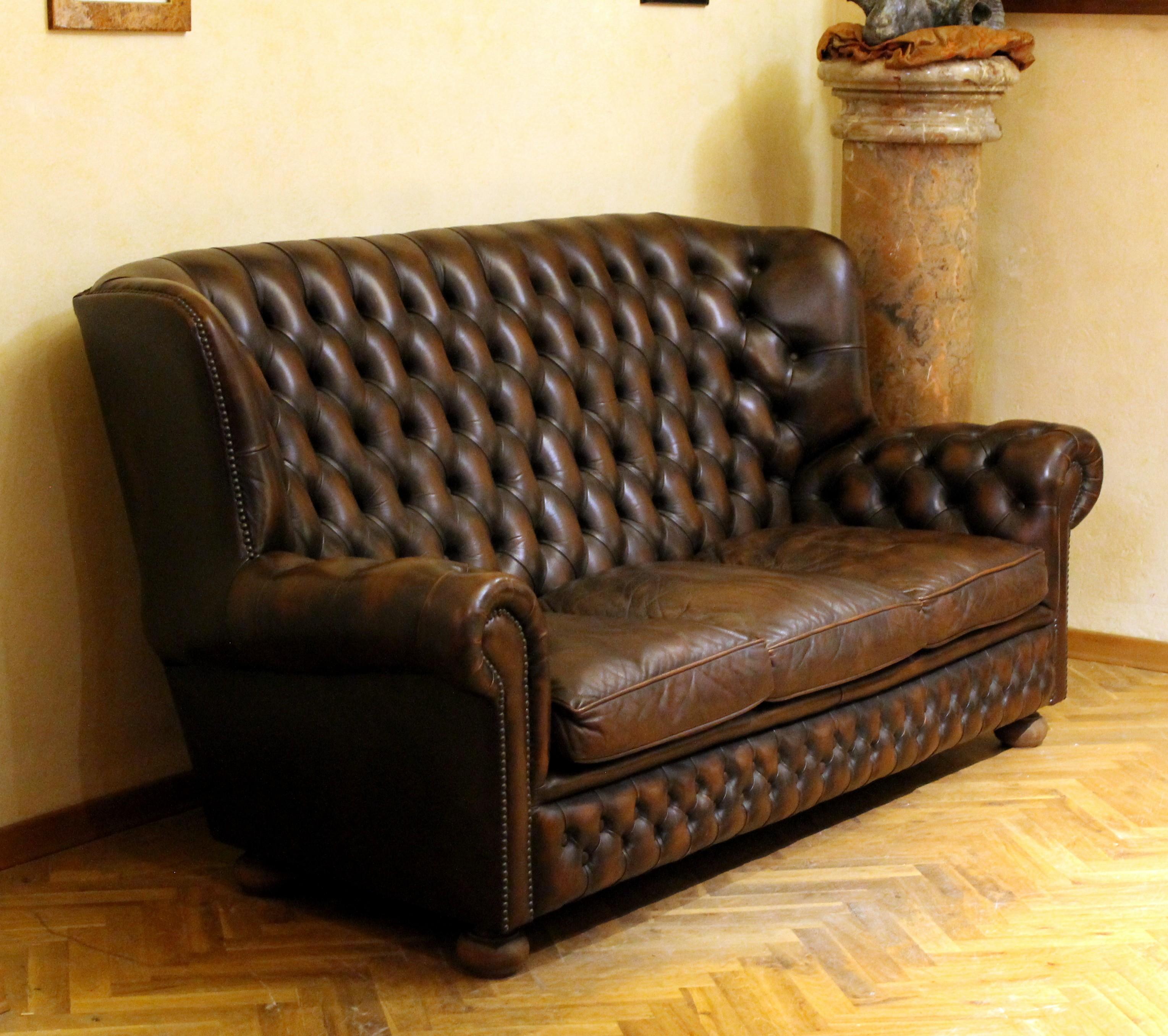 English Vintage Chesterfield Sofa Brown Leather High Back Three Seats and Button Tufted