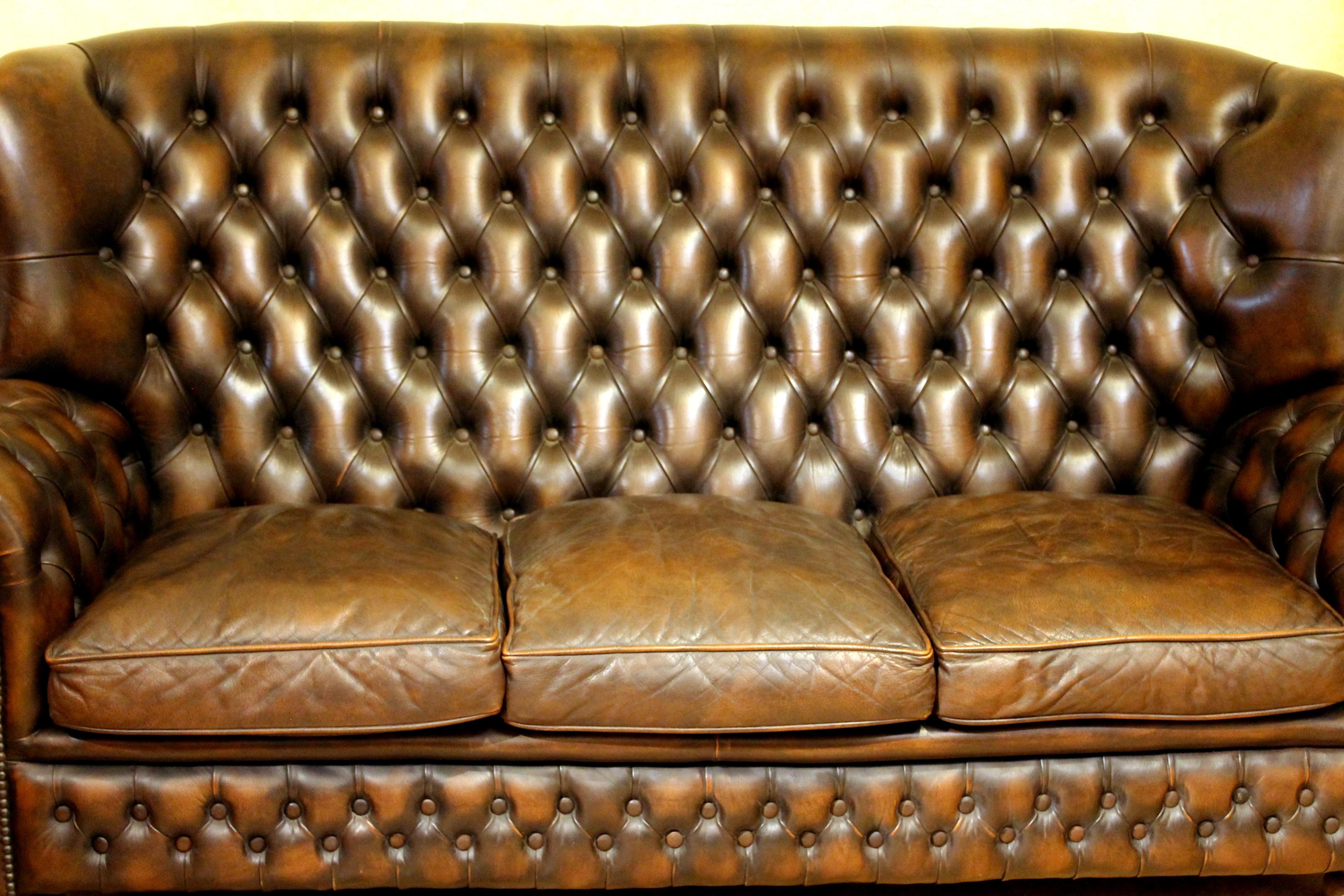 20th Century Vintage Chesterfield Sofa Brown Leather High Back Three Seats and Button Tufted