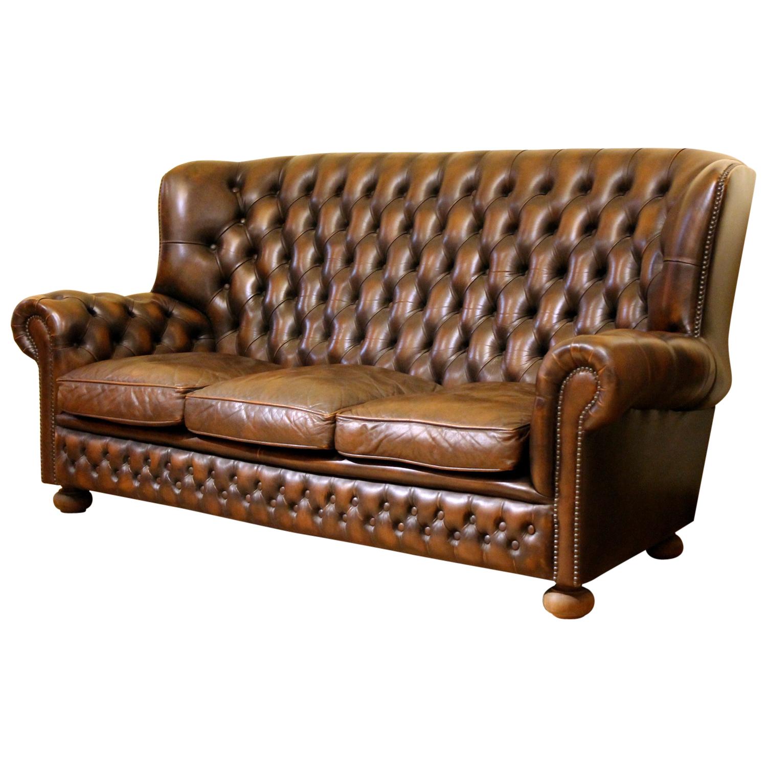 Vintage Chesterfield Sofa Brown Leather High Back Three Seats and Button Tufted