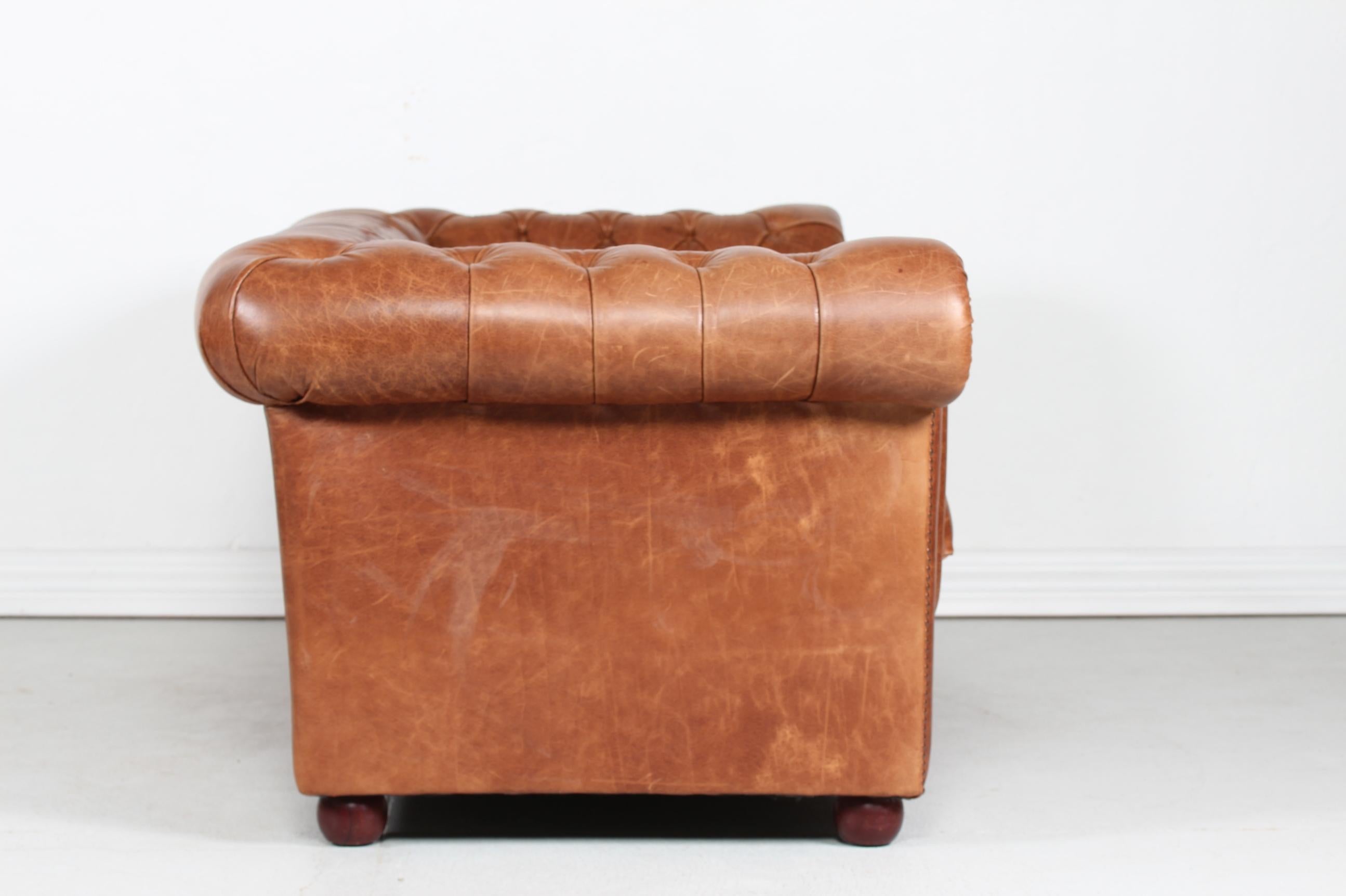 English Vintage Chesterfield Sofa Cognac Leather Mounted with Numerous Buttons, 1970s