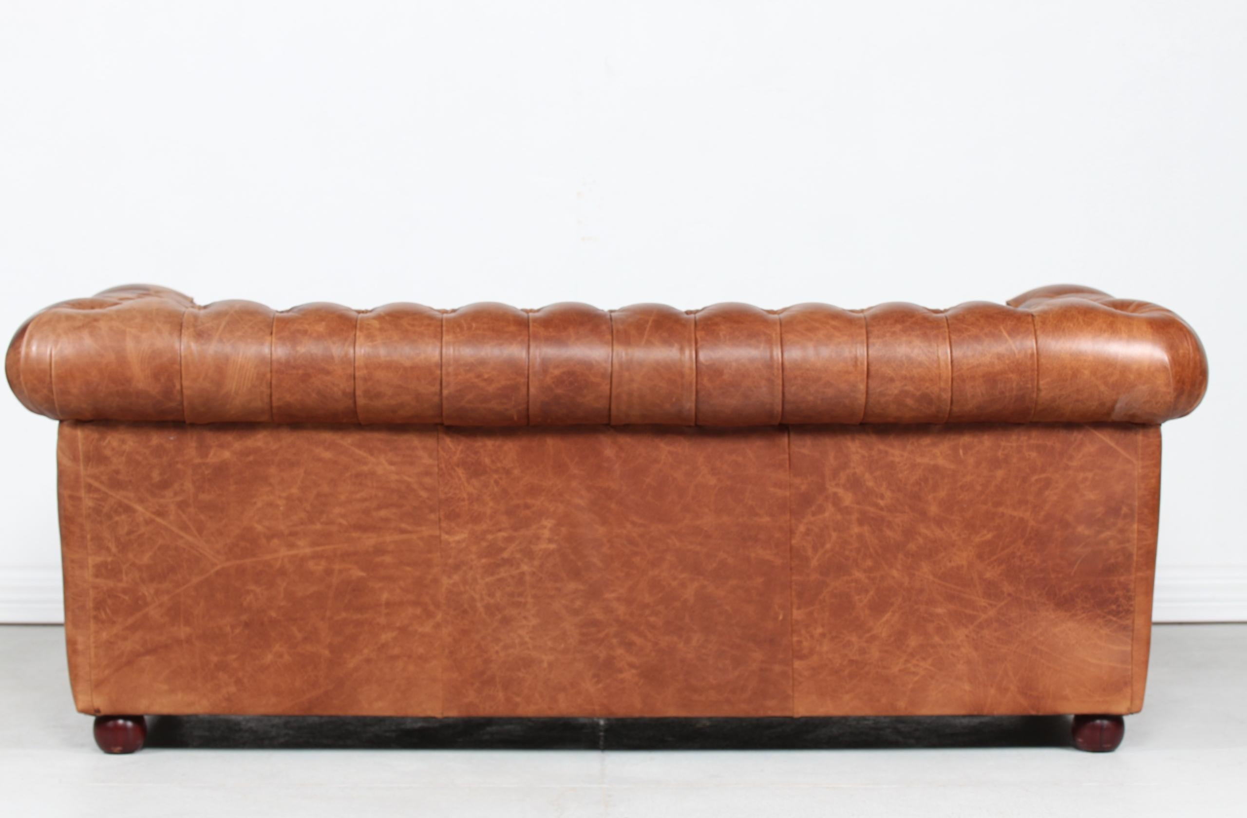Vintage Chesterfield Sofa Cognac Leather Mounted with Numerous Buttons, 1970s In Good Condition In Silkeborg, Silkeborg