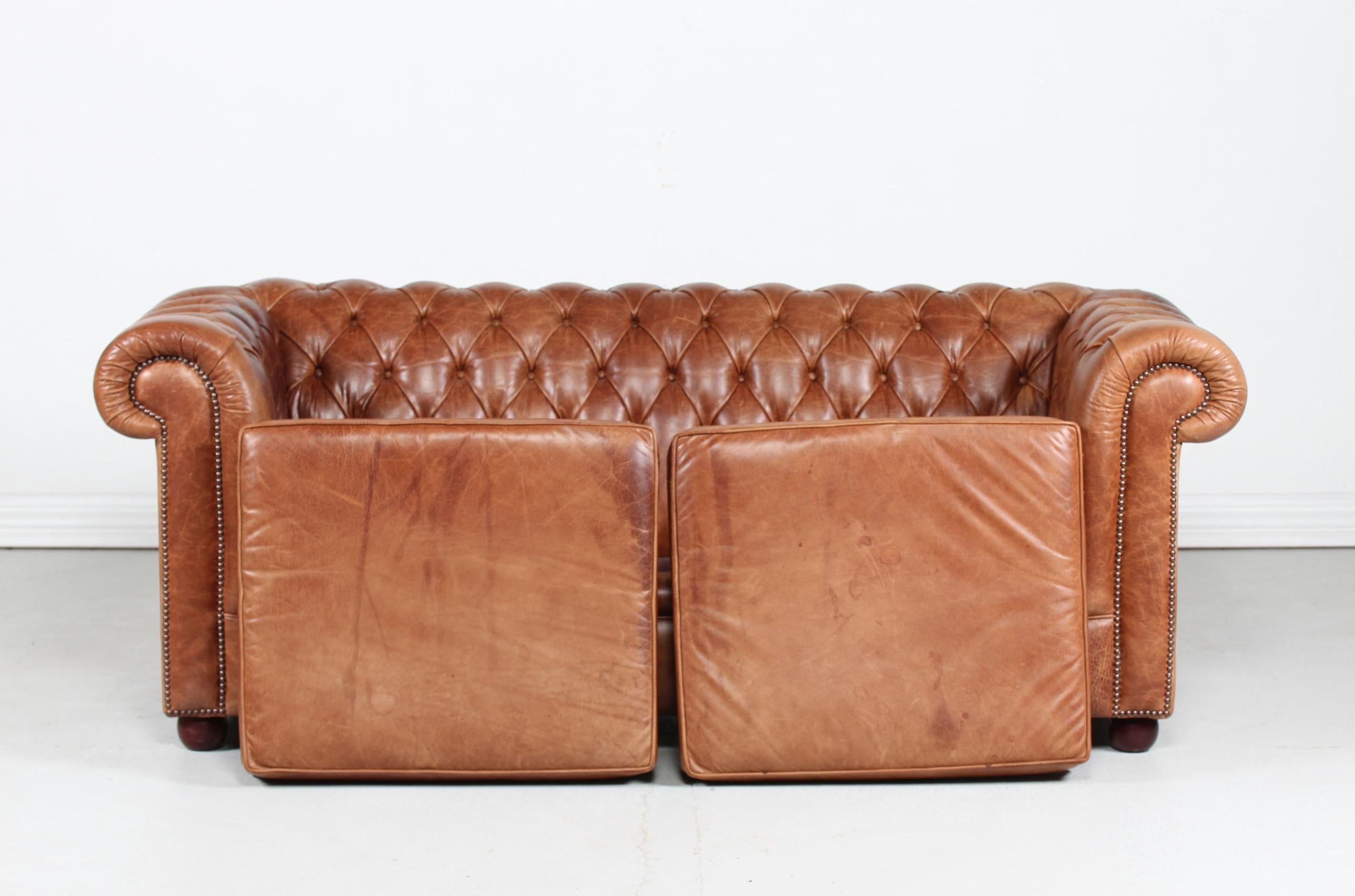 English Vintage Chesterfield Sofa Cognac Leather Mounted with Numerous Buttons, 1970s