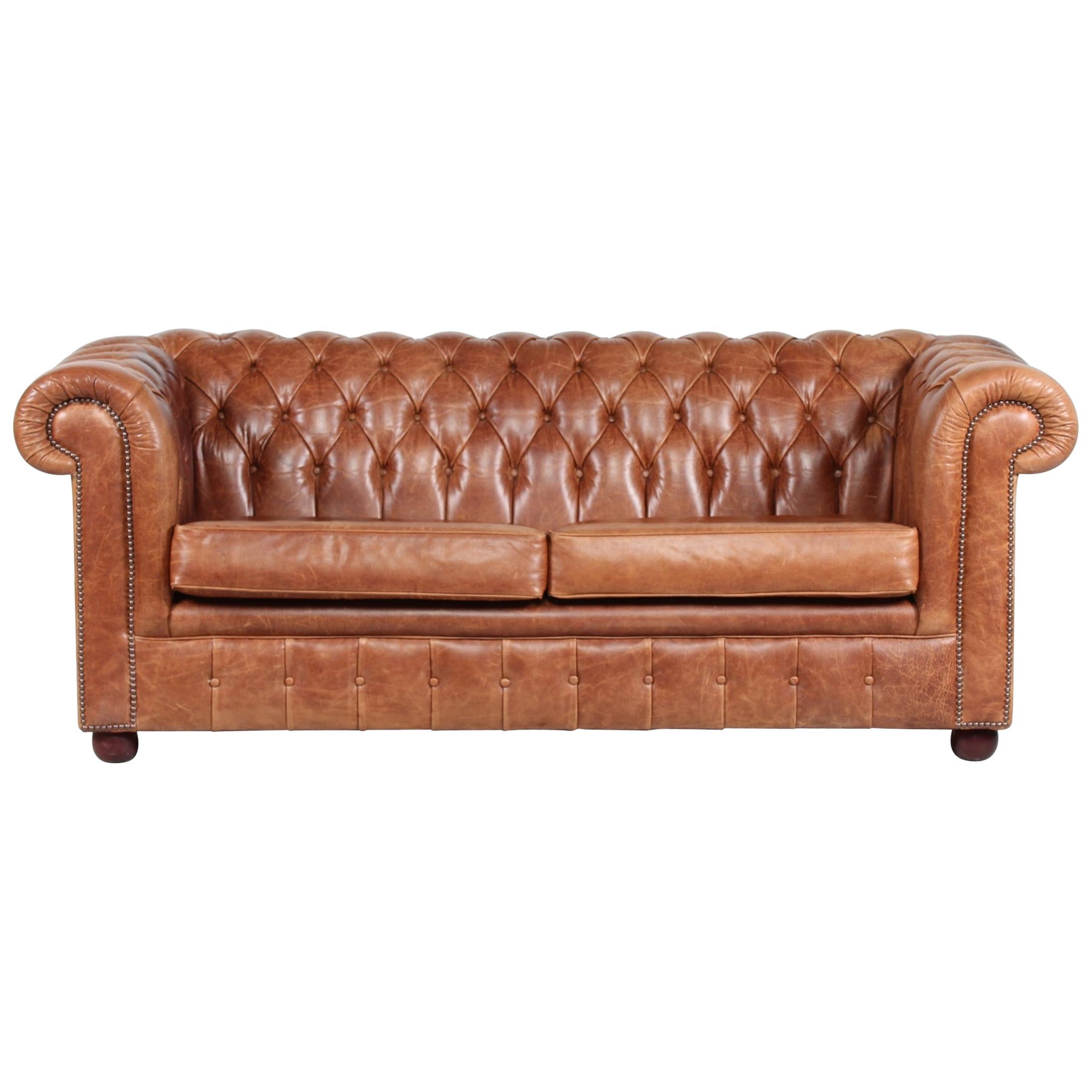 Vintage Chesterfield Sofa Cognac Leather Mounted with Numerous Buttons, 1970s