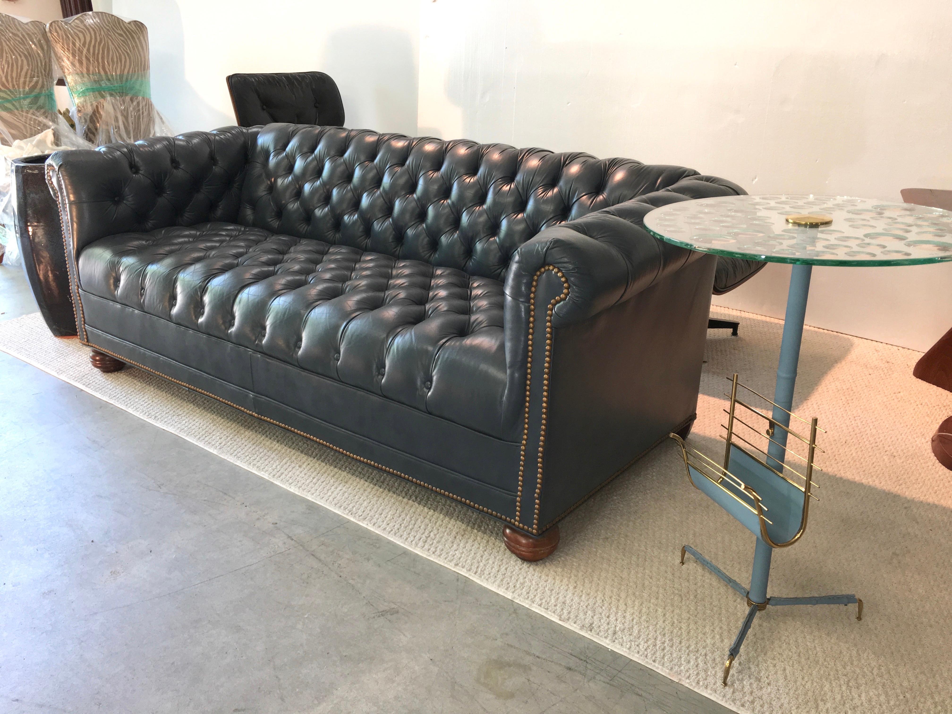 Vintage Chesterfield Sofa in Slate Blue Leather 1