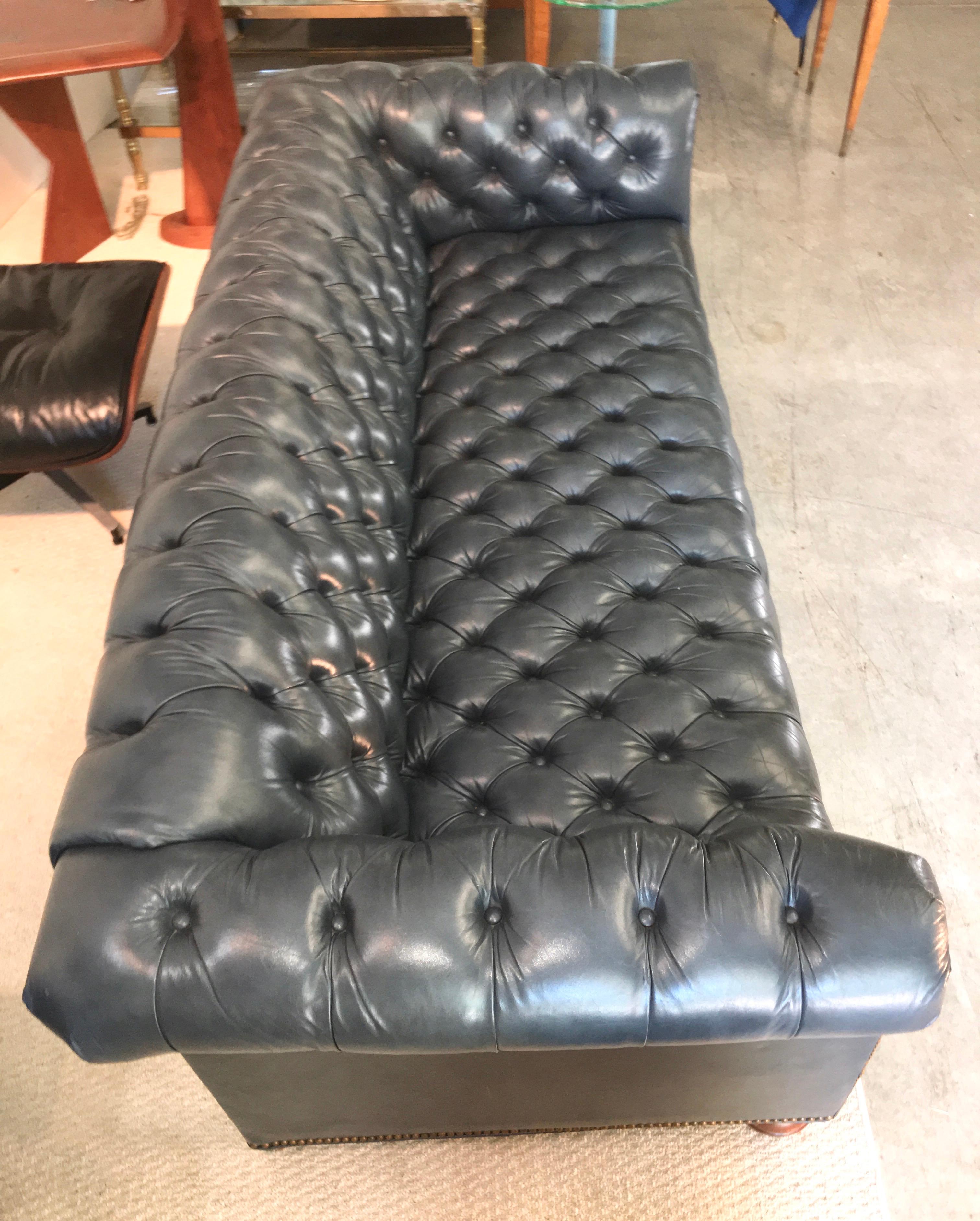 Vintage Chesterfield Sofa in Slate Blue Leather 3