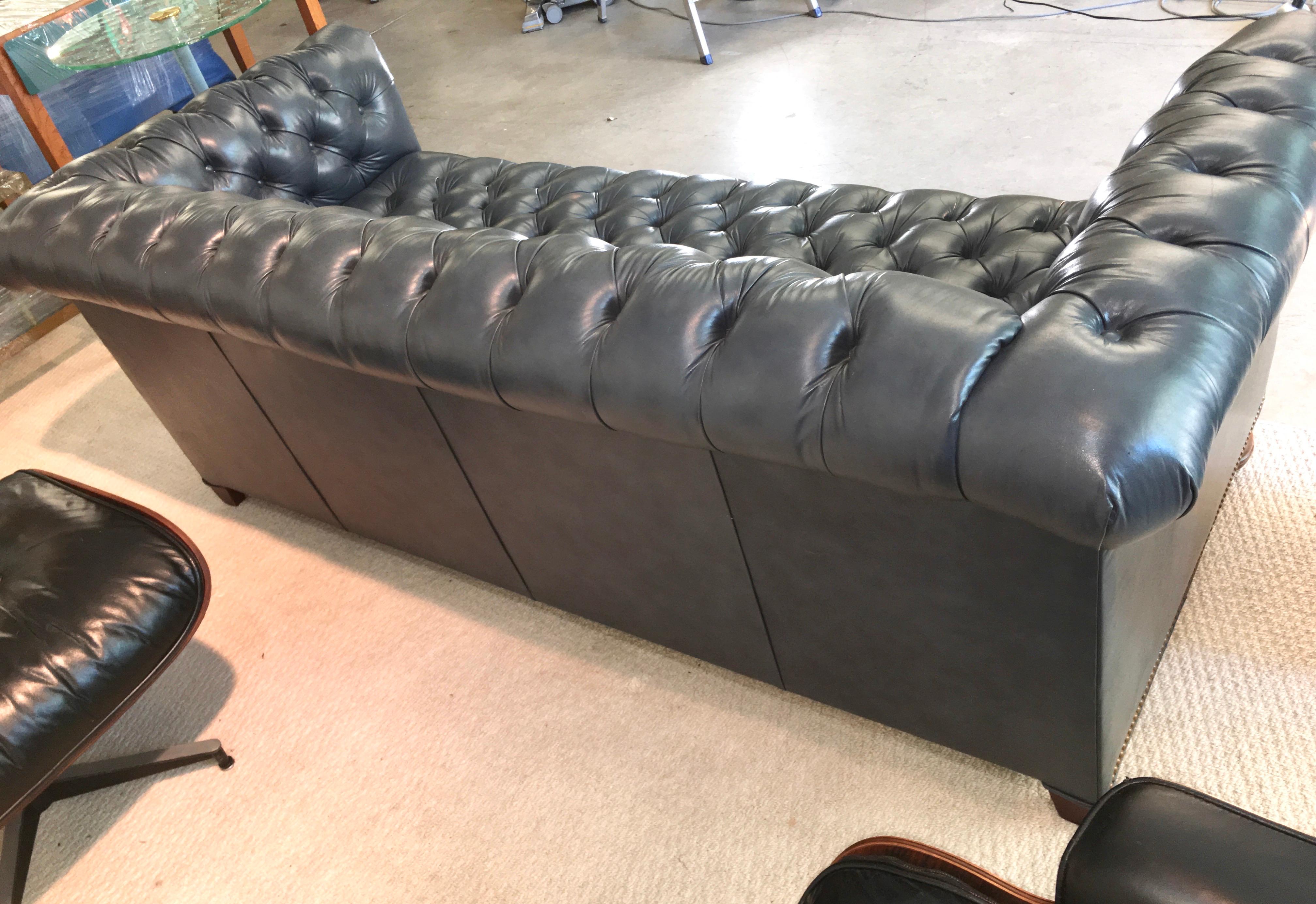 Vintage Chesterfield Sofa in Slate Blue Leather 4