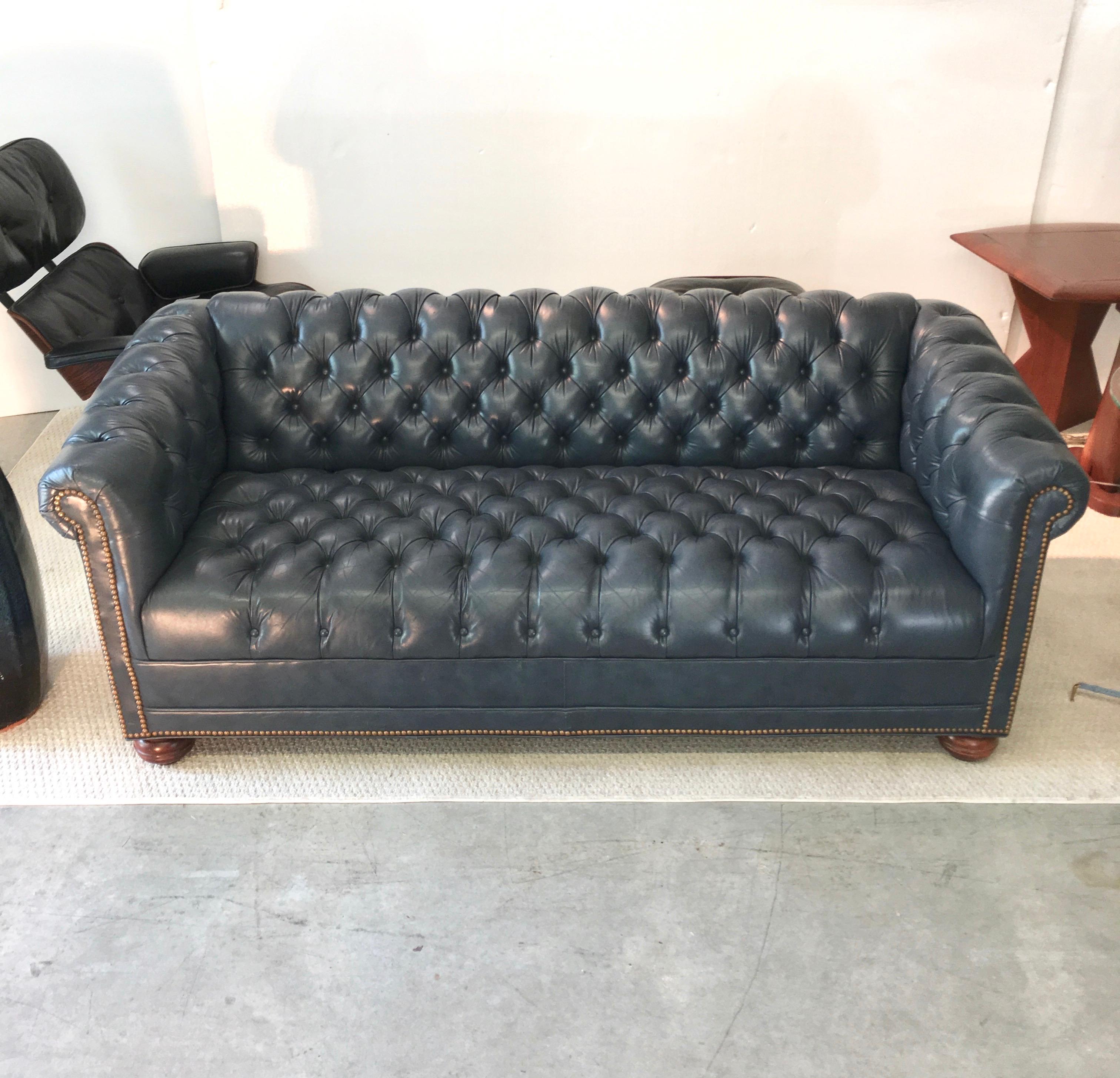 Vintage Chesterfield Sofa in Slate Blue Leather 5