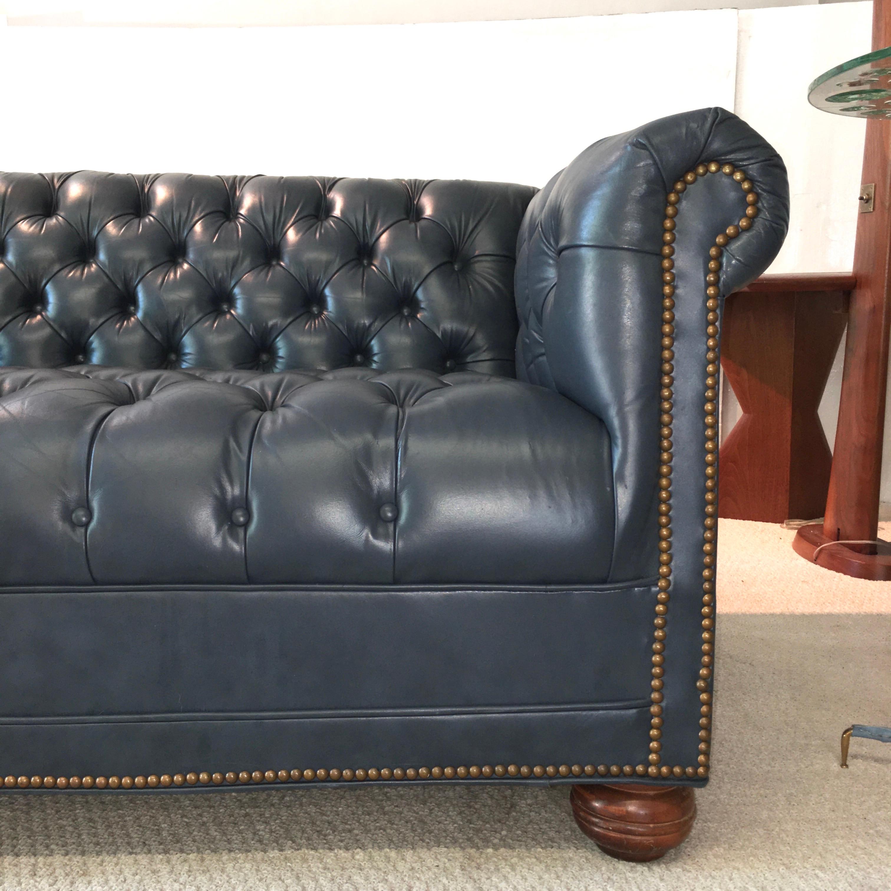 Vintage Chesterfield Sofa in Slate Blue Leather 6