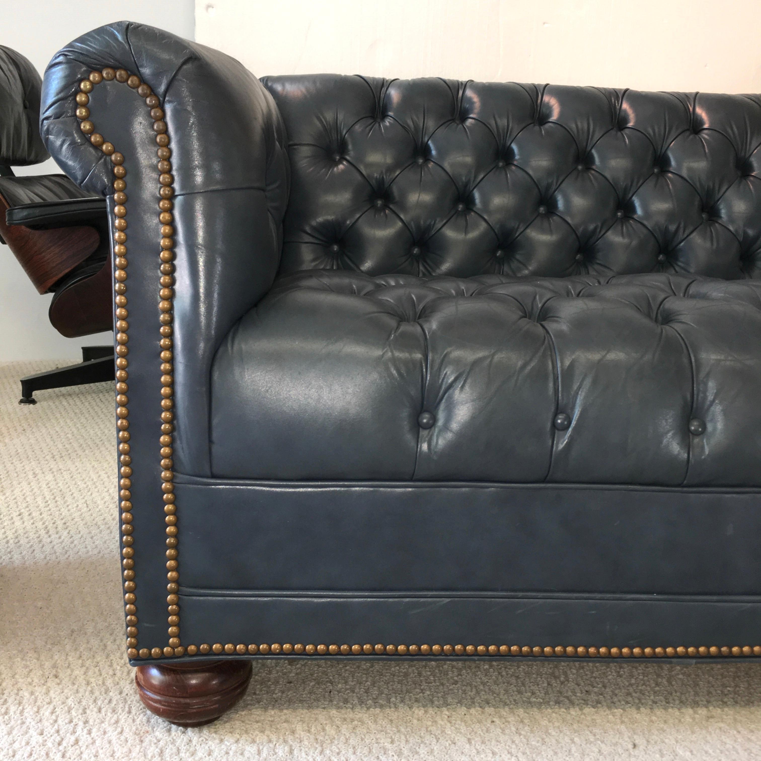 Vintage Chesterfield Sofa in Slate Blue Leather 8