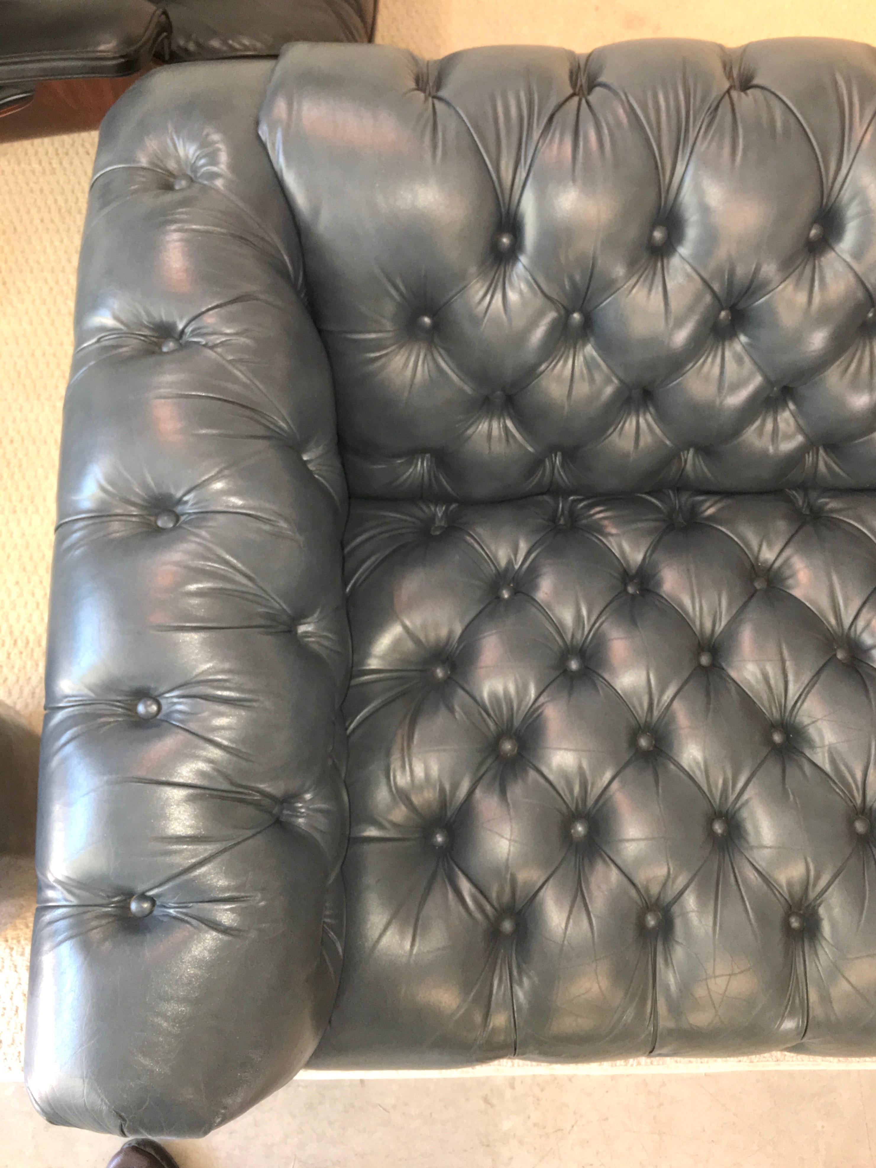 Vintage Chesterfield Sofa in Slate Blue Leather 9