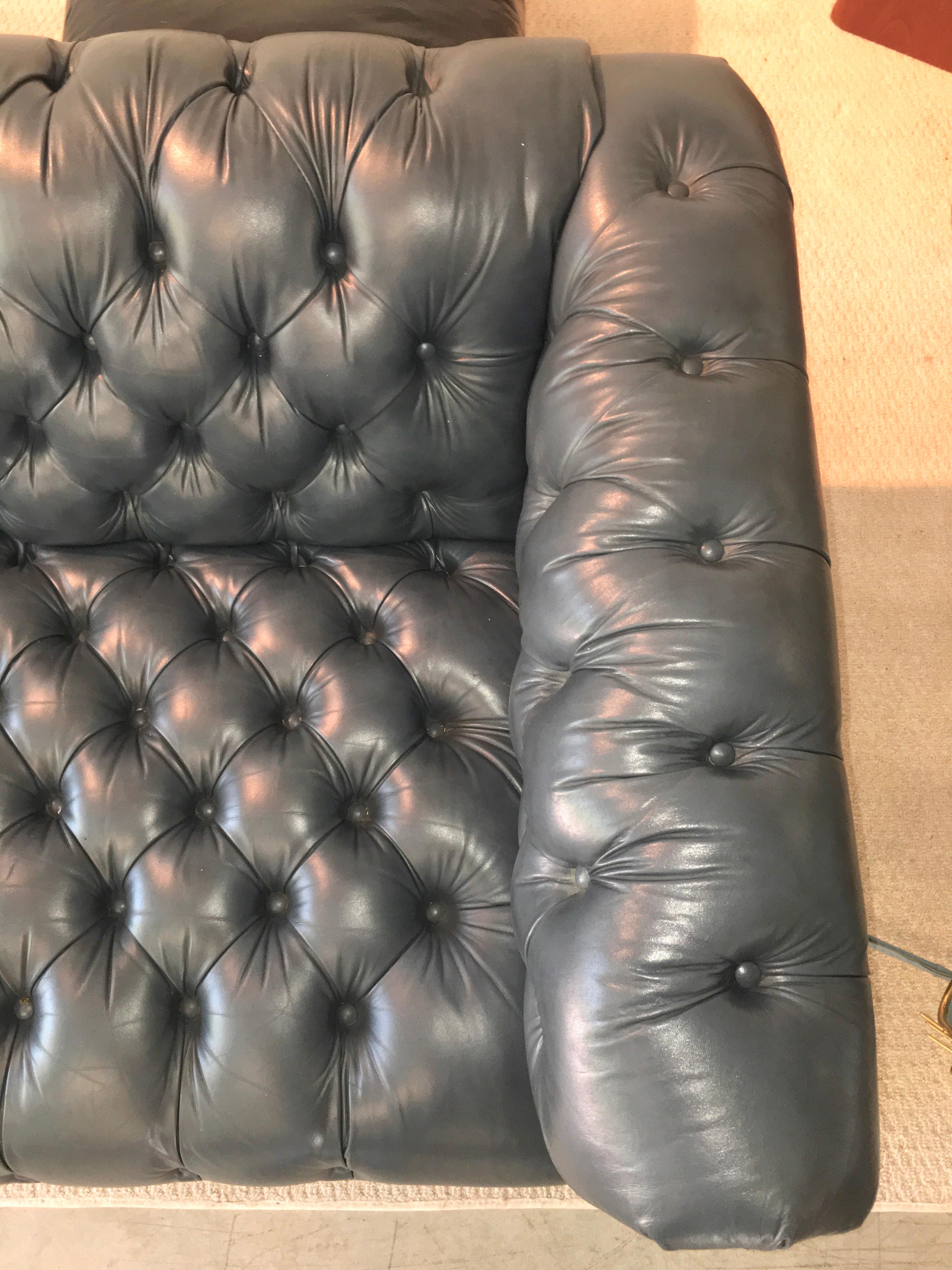 Vintage Chesterfield Sofa in Slate Blue Leather 11