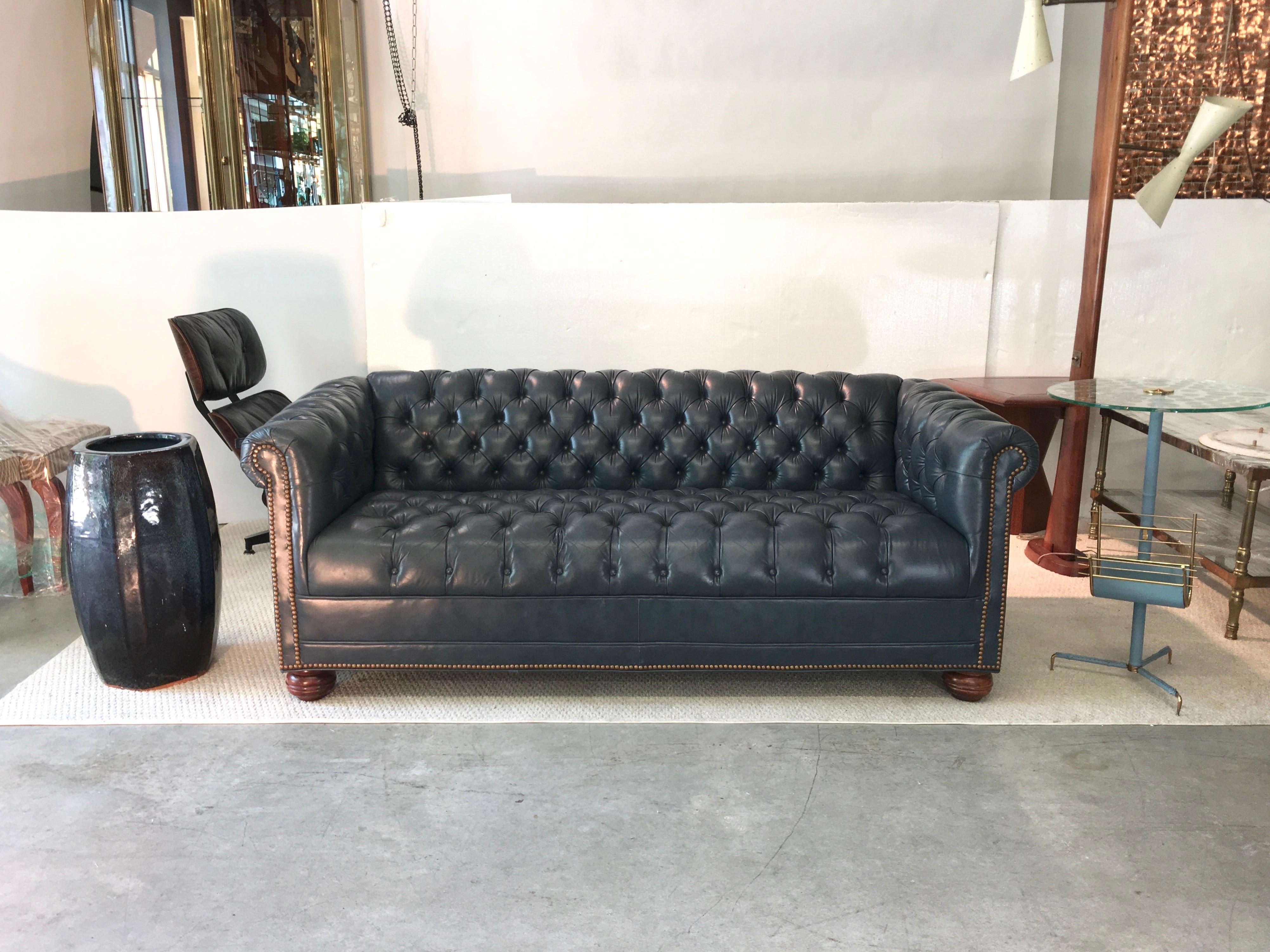 Edwardian Vintage Chesterfield Sofa in Slate Blue Leather