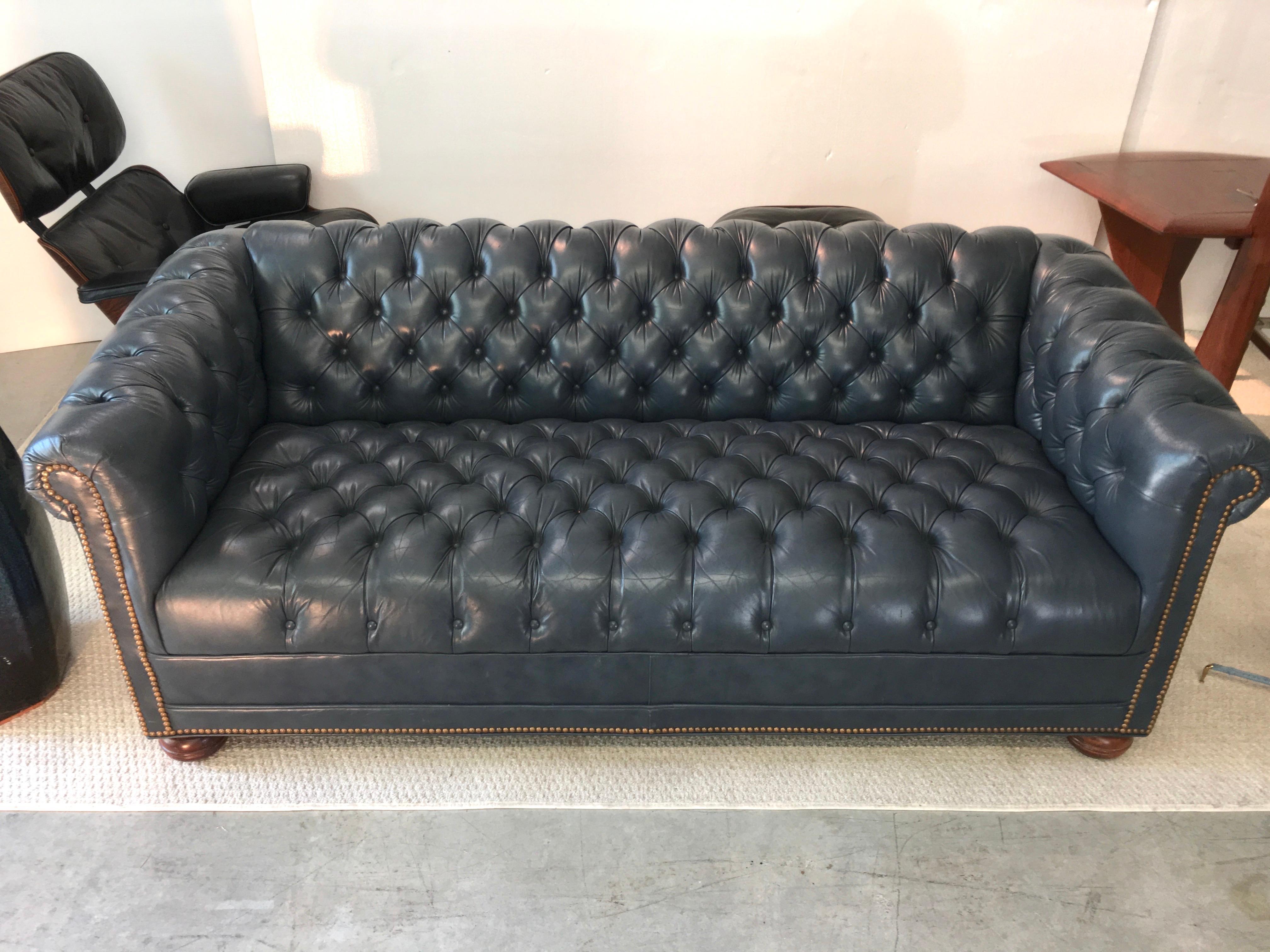 American Vintage Chesterfield Sofa in Slate Blue Leather