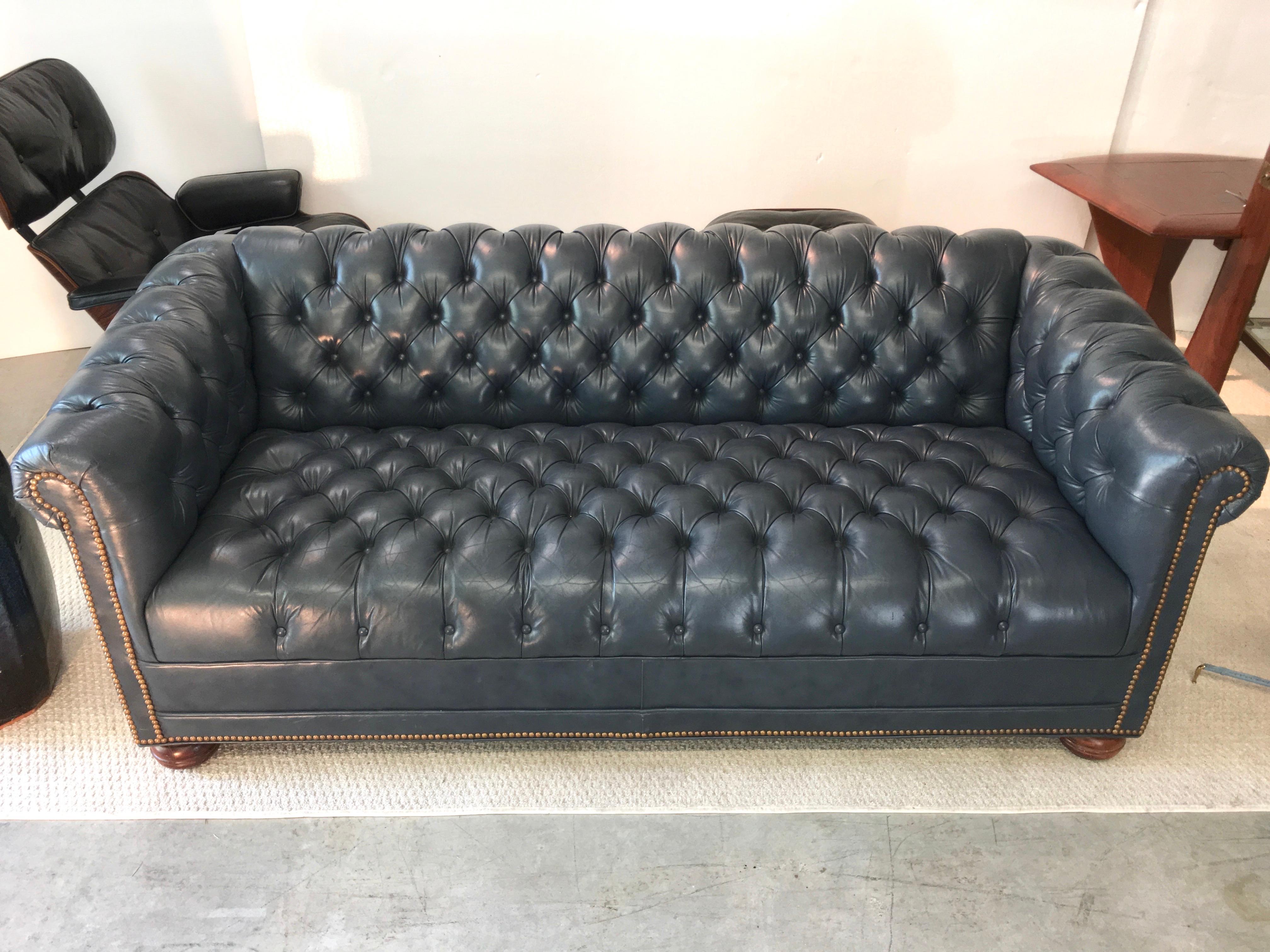 Vintage Chesterfield Sofa in Slate Blue Leather In Good Condition In Hanover, MA